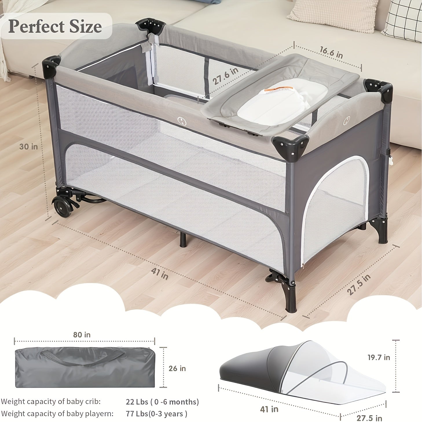 5 In 1 Baby Bassinet Bedside SleeperBeside Bassinet With Diaper ChangerMattress, Bedside Crib With Storage, Foldable Bassinet From Newborn To Toddler (LightGray)