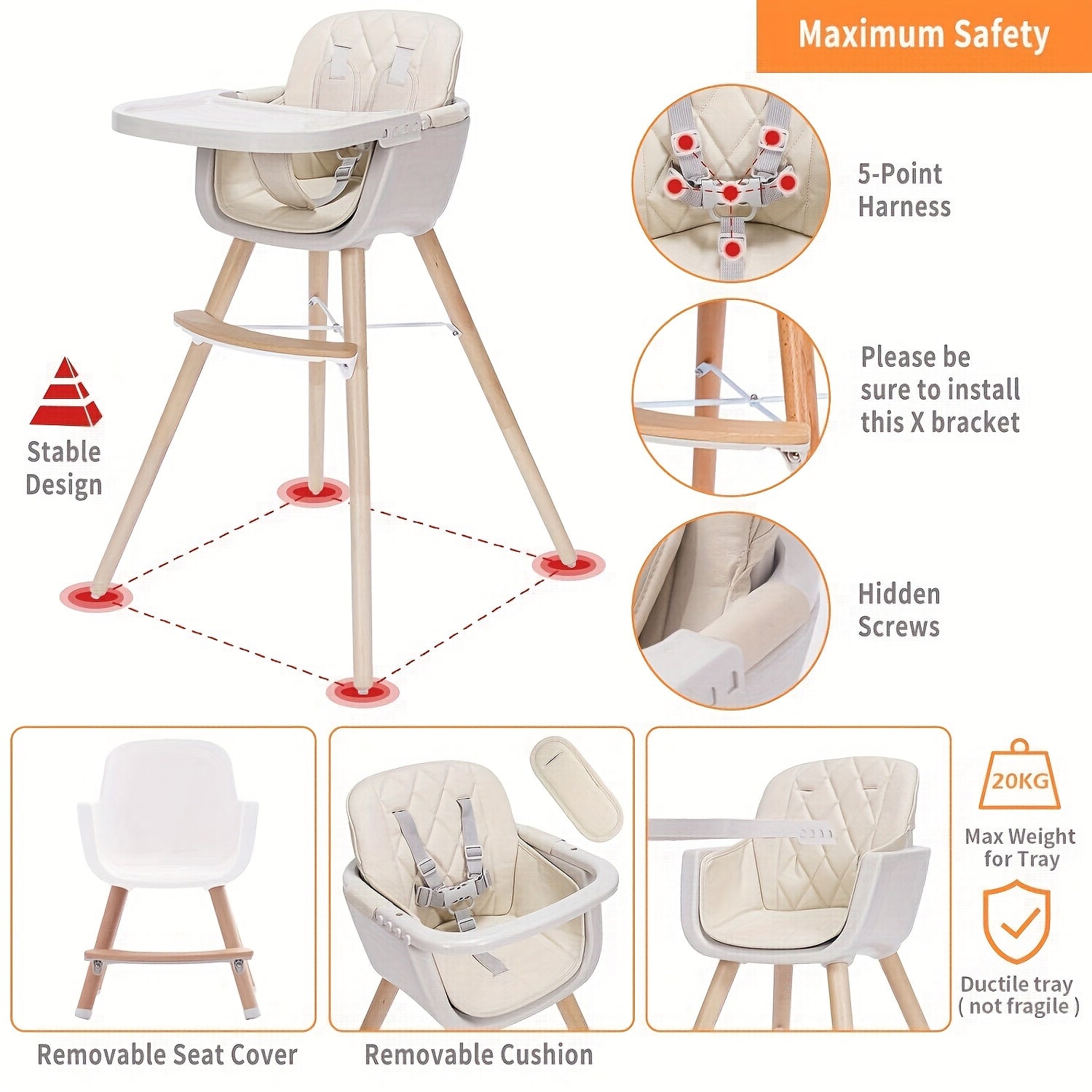 Convertible Baby High Chair, 3in 1 Wooden Highchair\u002FBooster, 5-Point Harness, PU Cushion And Footrest for Baby, Toddler, Baby High Chair with Adjustable Legs & Dishwasher Safe Tray, Made Of Sleek Hardwood & Premium ette, Christmas & Halloween