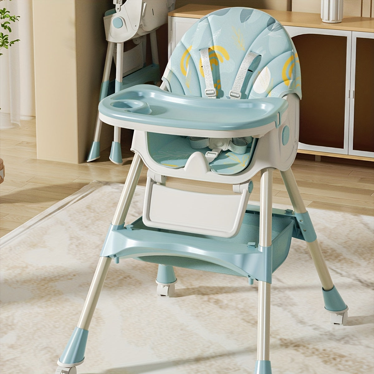 1pc Adjustable Youngsters' Dining Chair - Multi-Functional, Portable, PU Leather, Blue & White Pattern, 5-Point Harness, Tray Included, Perfect for Home Use