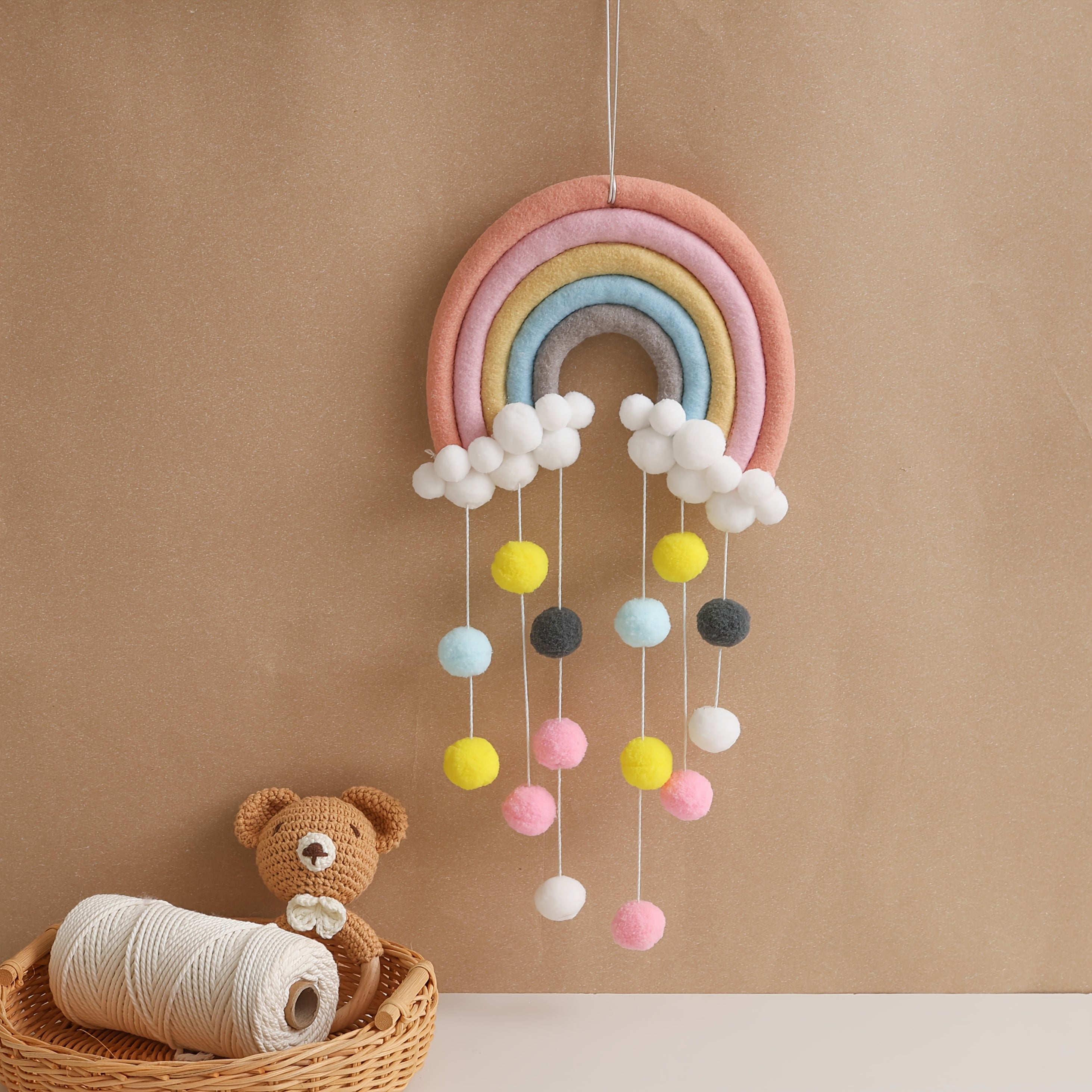 Nordic Style Hanging Decor: Soft Rainbow Pom Poms & Playful Clouds - Ideal Festive Gift, Teacher's Classroom, Baby Nursery & Kids Room Wall Decoration