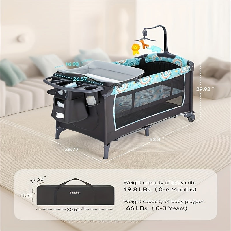 Modern Baby Crib Modern Blue CZ-BB01 Baby Crib with Detachable Changing Table | Pack & Play Portable Playard, 3 Adjustable Heights, Storage Basket & Music, Foldable Nursery Bed for Newborns