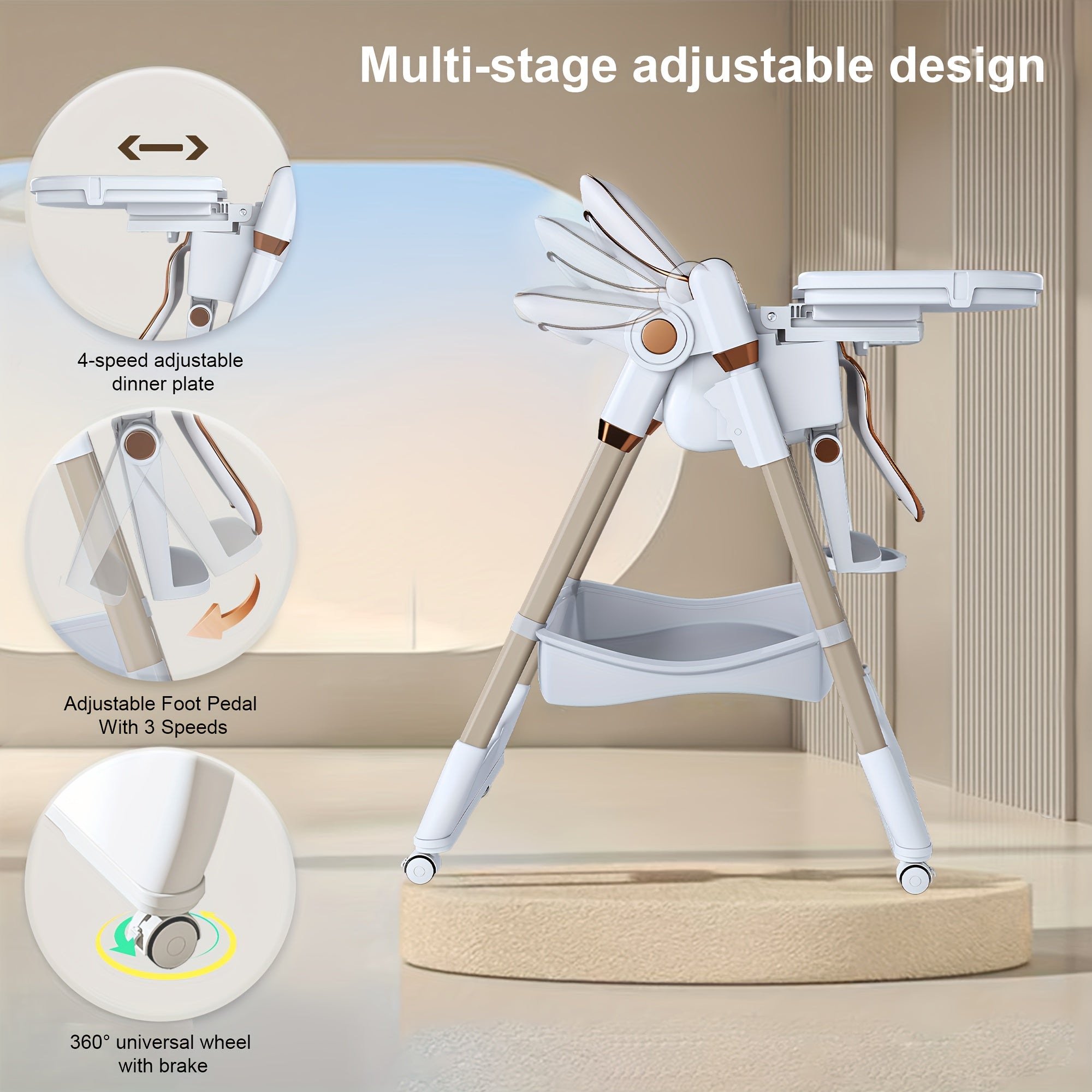 Montary 3-in-1 Foldable High Chair for Babies & Toddlers - 5-Point Harness, Adjustable Height & Recline, Lockable Wheels, 4-Position Dining Tray, White, Easy Assembly, Manual Operation, High Chair for Toddlers, Modern Highchair, Sturdy Plastic Frame