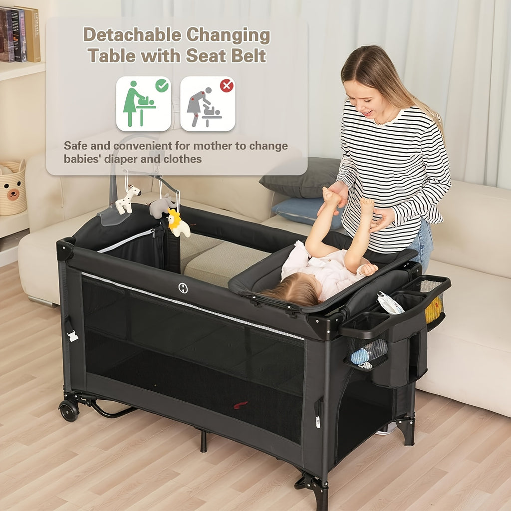 5 in 1 Baby Bassinet Beside Sleeper, Pack and Play Bassinet, Beside Sleeper for Newborn to Toddlers, Multifunction Portable Playard with Bassinet Crib, Soft Toys, Waterproof Sheet, Diaper Changer. As Halloween, Chrismas Gift (Black)