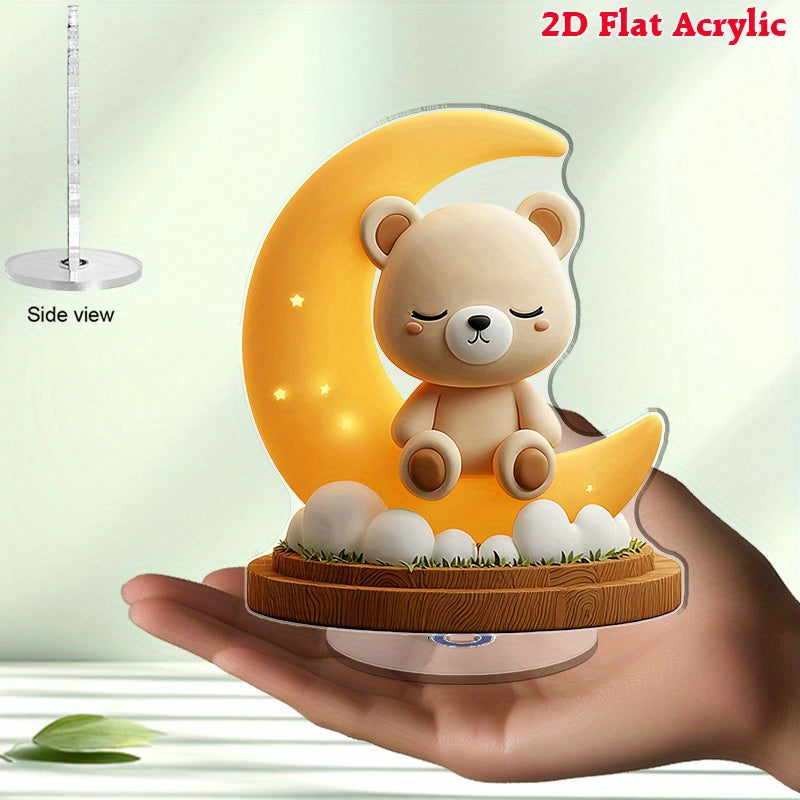 2D Flat, 2D Flat Rotatable Acrylic Bear on Moon Night Light - Cute Cartoon Bear Design with Stars & Clouds, Nursery Nursette Decor, Baby Shower Gift, No Electricity Needed, Bear Nursery Decor, 2D Flat