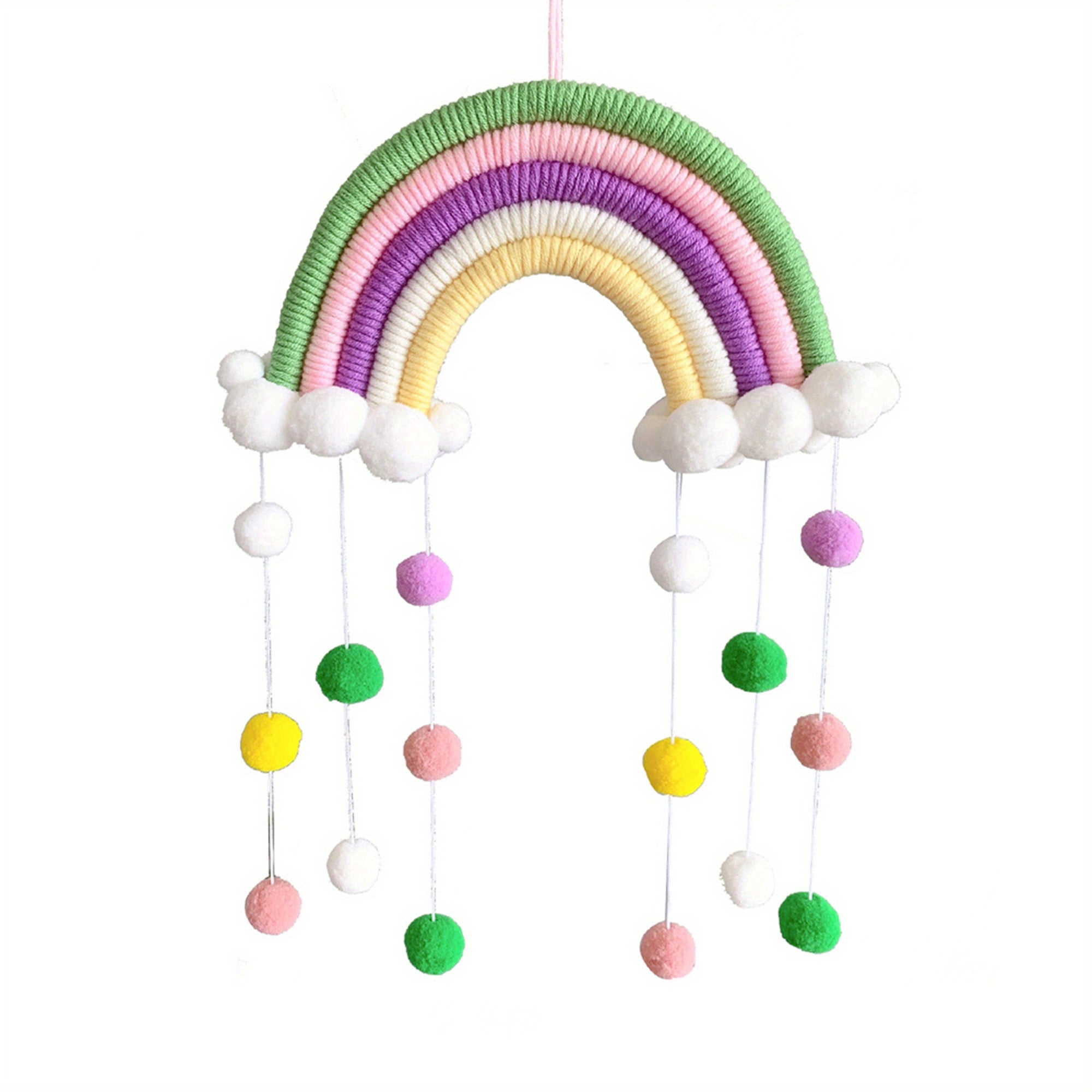 Colorful Macrame Rainbow Wall Decor, Handmade Polyester Wall Hanging Ornament with Pom Pom Tassels, Classic Style, No Feathers, Electricity-Free, Vibrant Gradient Design for Nursery, Youngsters Room, or Party Decoration, Hanging Decor