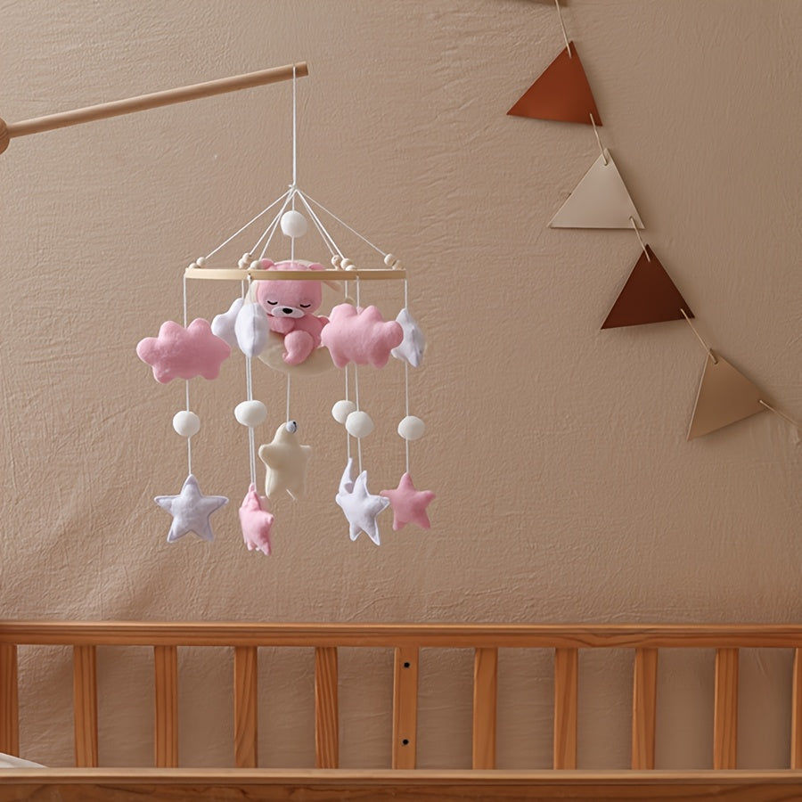 Handmade Felt Mobile Soft Plush Handmade Felt Mobile with Pink Bear & Clouds | White Beads & Stars, Lightweight & Durable Nursery Decor | Ideal for Baby Crib, Stroller, Safe Infant Toy, Playful Design