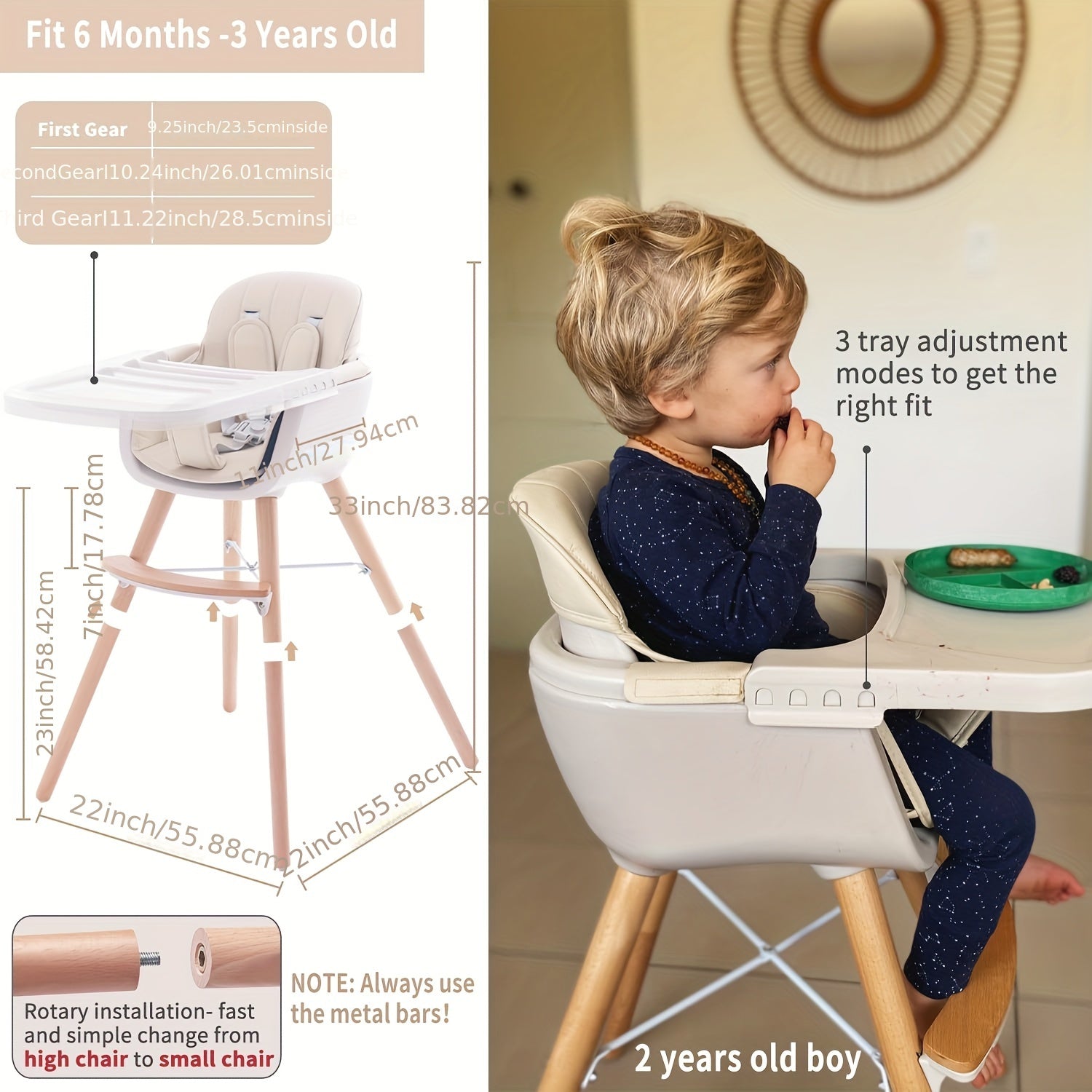 Convertible Baby High Chair, 3in 1 Wooden Highchair\u002FBooster, 5-Point Harness, PU Cushion And Footrest for Baby, Toddler, Baby High Chair with Adjustable Legs & Dishwasher Safe Tray, Made Of Sleek Hardwood & Premium ette, Christmas & Halloween
