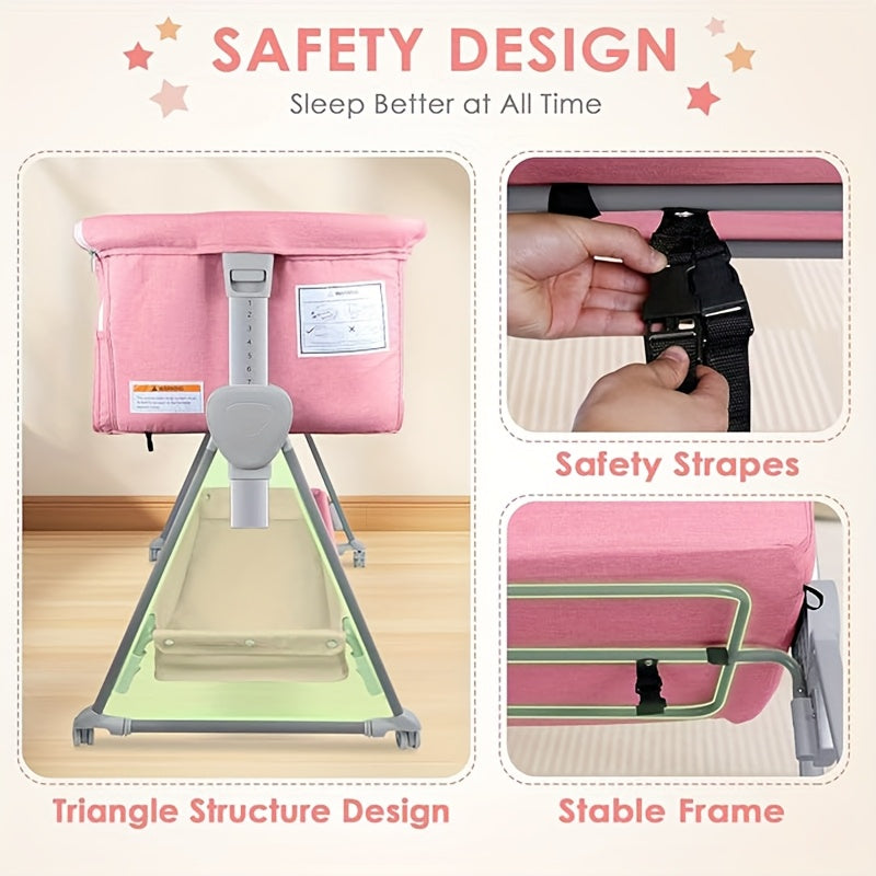 SLENDOR 7-Height Adjustable Bassinet with Wheels & Mattress - Portable Baby Sleeper with Large Storage Bag, Easy Assembly, Durable Fabric for Newborns & Infants, Grey\u002FPink, Infant Comfort Care, Modern Baby Bed, Sturdy Frame Construction