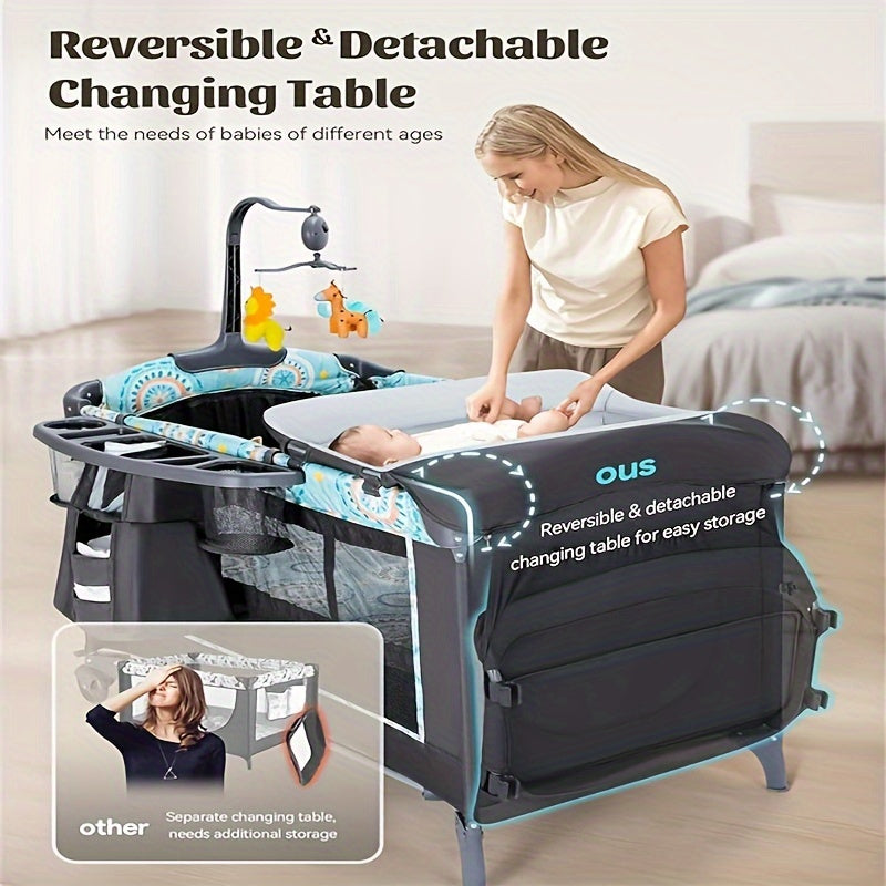 Modern Baby Crib Modern Blue CZ-BB01 Baby Crib with Detachable Changing Table | Pack & Play Portable Playard, 3 Adjustable Heights, Storage Basket & Music, Foldable Nursery Bed for Newborns