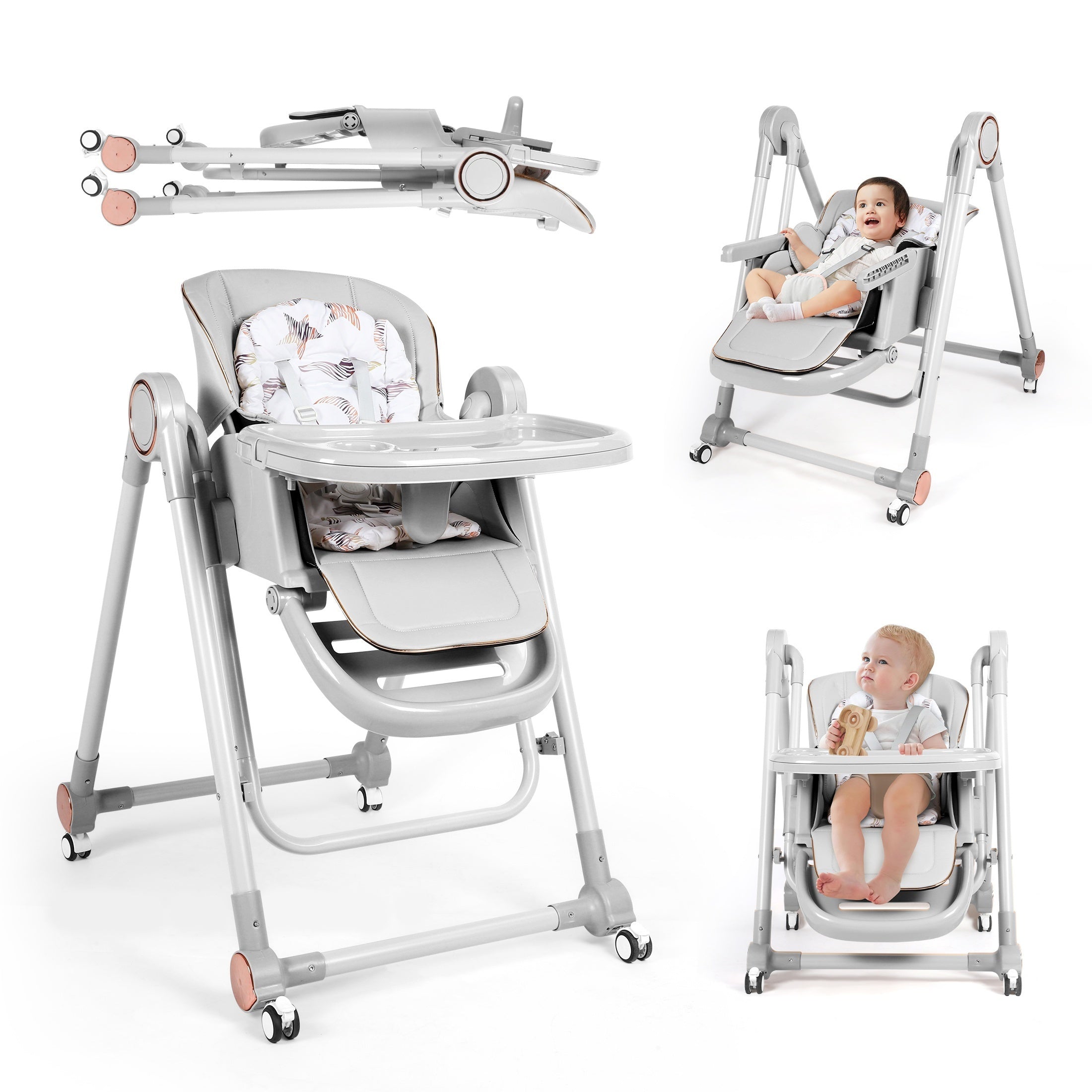 Baby High Chair, 3 Modes High Chair With Wheels, Adjustable Height, Recline & Footrest, With 6 Growing Stages From Infant To Toddler Seating, Lightweight Portable Baby High Chair, Convenient For Dining Time - Grey & Brown