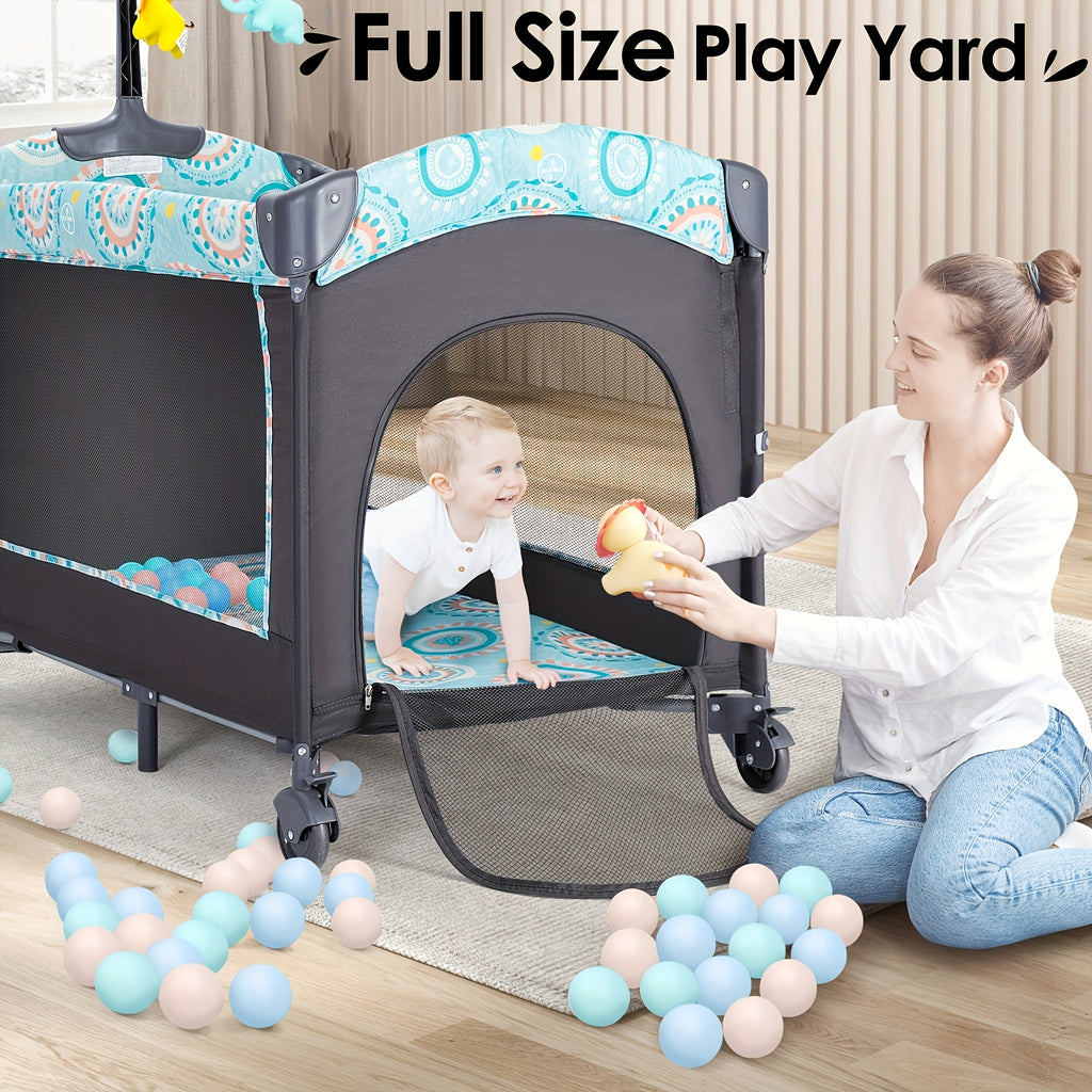 5-in-1 Portable Baby Cradle Side Bed with Removable Changing Table, Mattress, Storage Shelf, Music Player, and Three Height Settings, Providing A Spacious Playpen for Infants. Suitable As A Birthday Or Holiday Gift.