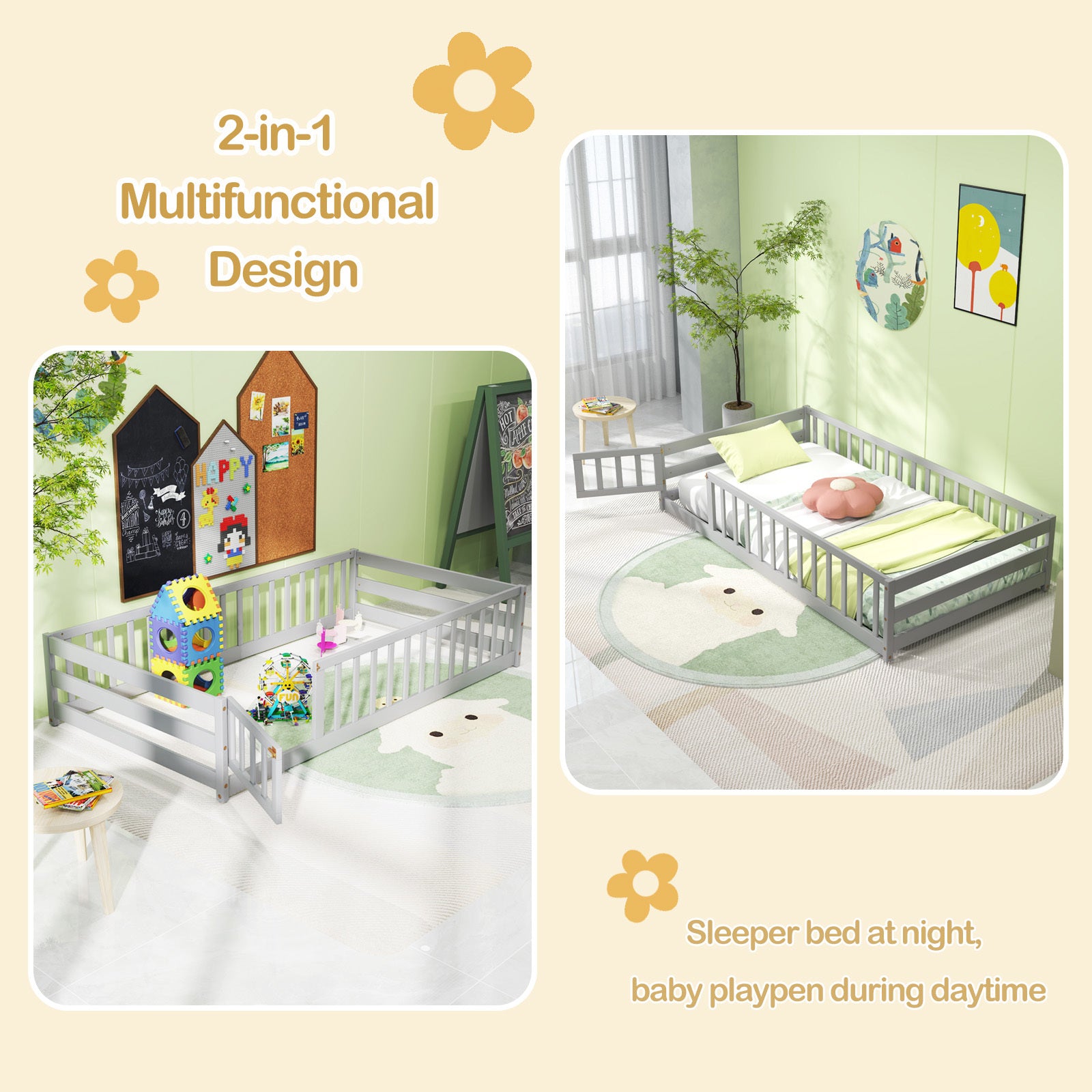 COSTWAY Twin Size Floor Bed with Door & Fence with Safety Guardrails & Slats Support