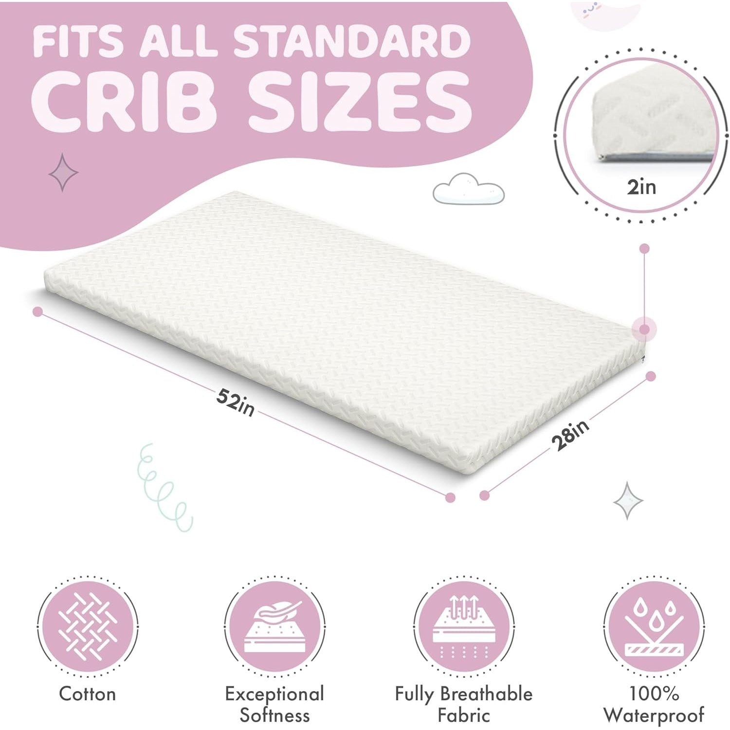 2” Crib Mattress Topper Memory Foam - Waterproof Breathable Soft Washable Cover 52” x28” x 2” Fits Standard Size Cribs & Toddler Beds by Sleepah