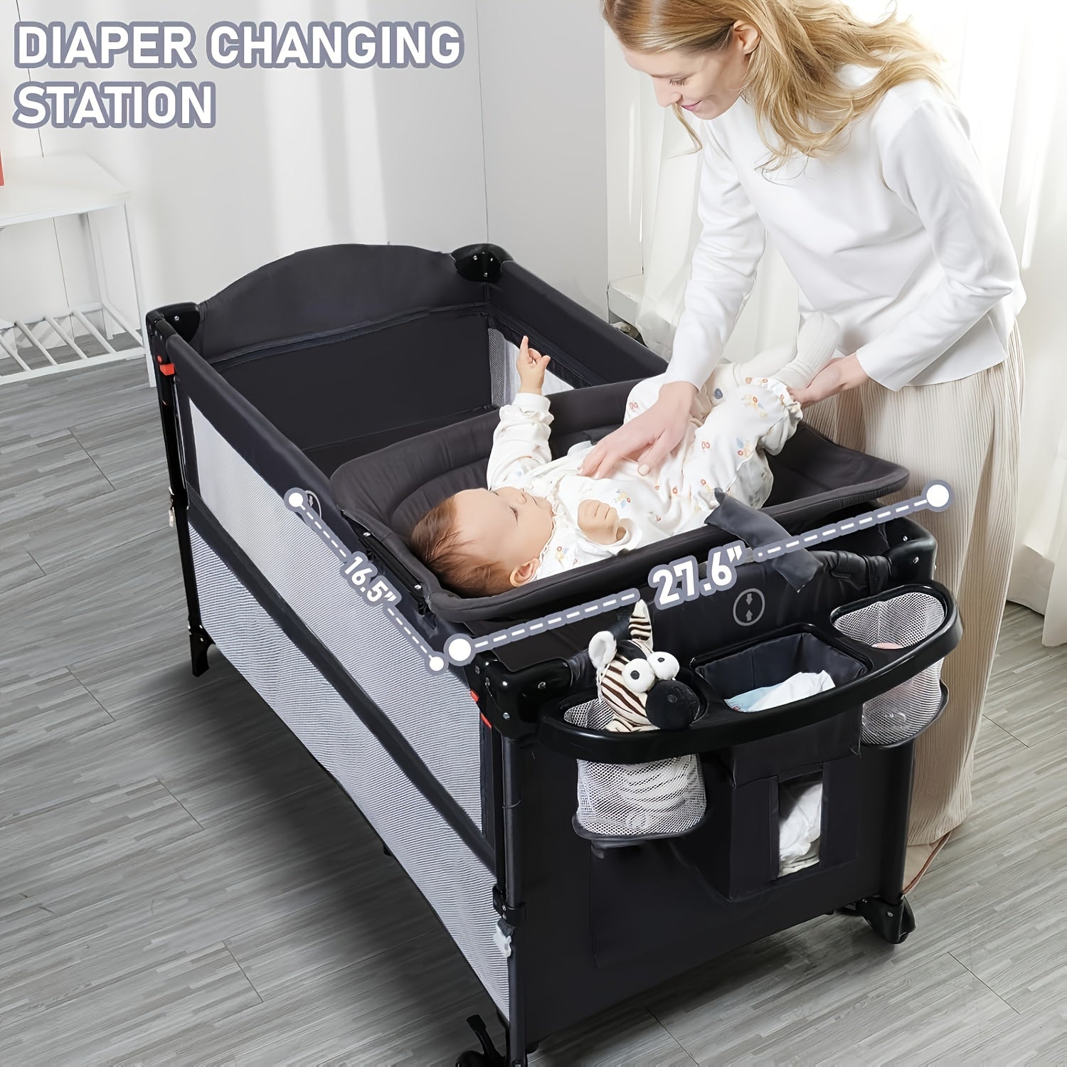 5 In 1 Baby Bassinet Bedside Sleeper, Pack And Play Bassinet With Diaper Changer - Black - For Newborns & Parents - Suitable for Nursery & Travel - Perfect Gift for Christmas & Halloween