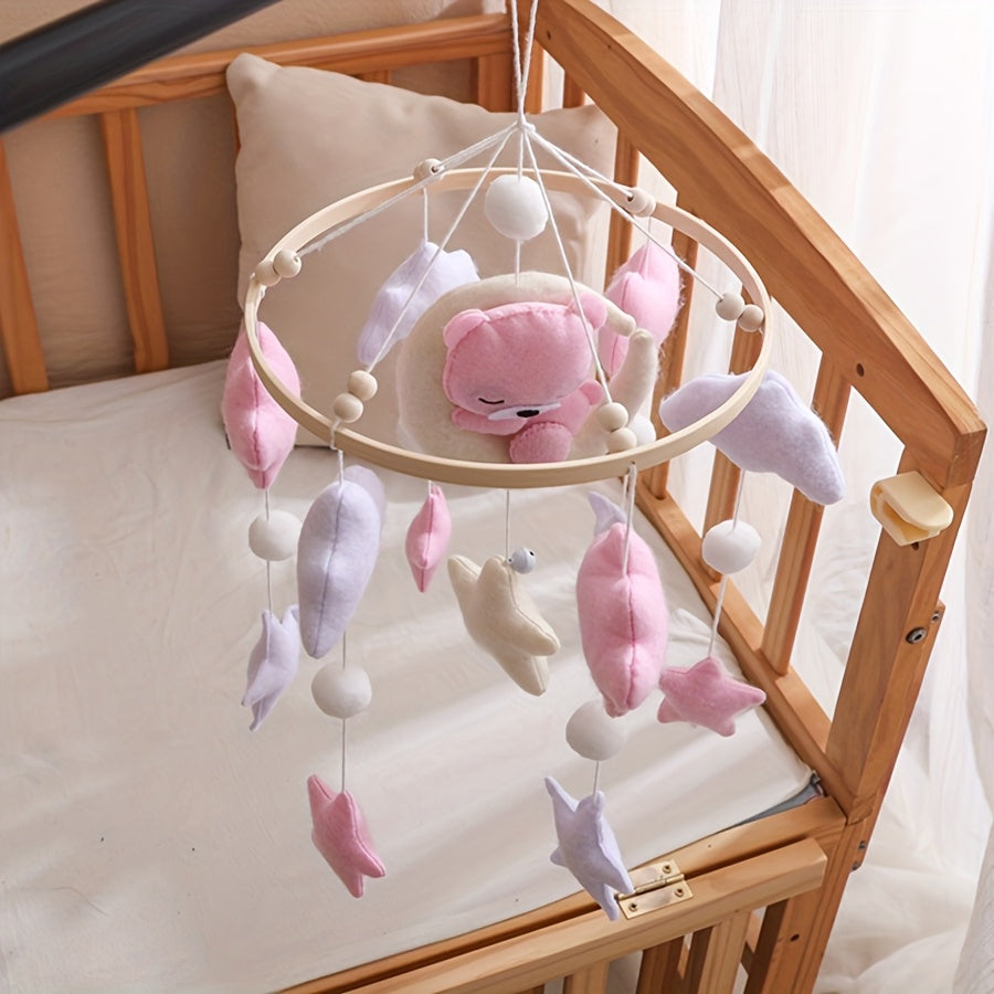 Handmade Felt Mobile Soft Plush Handmade Felt Mobile with Pink Bear & Clouds | White Beads & Stars, Lightweight & Durable Nursery Decor | Ideal for Baby Crib, Stroller, Safe Infant Toy, Playful Design