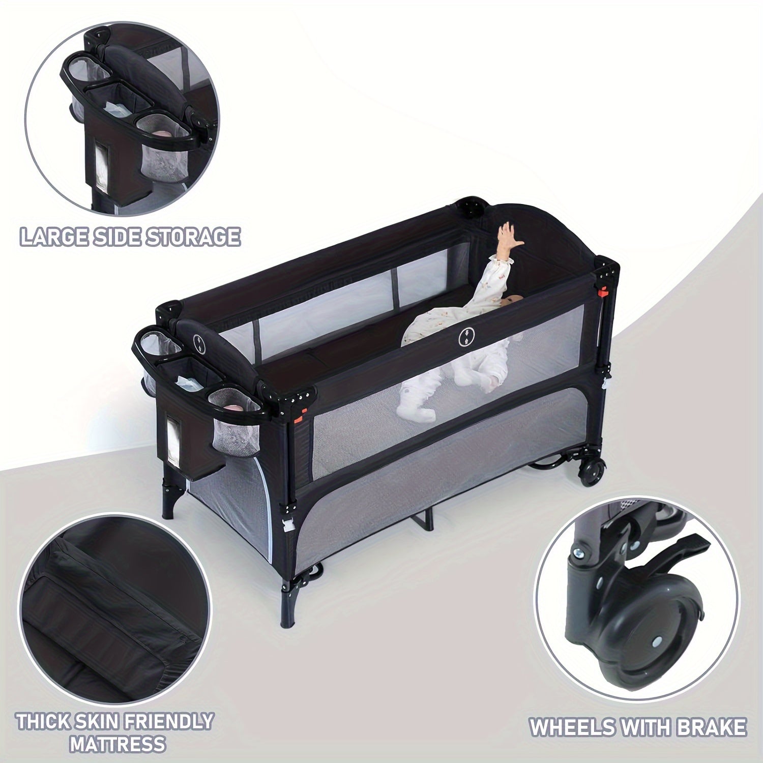 5 In 1 Baby Bassinet Bedside Sleeper, Pack And Play Bassinet With Diaper Changer, Blackout Cover, Mattress, Music, Bedside Crib With Storage, Playard With Bassinet From Newborn To Toddles, Halloween Special Offer (black)