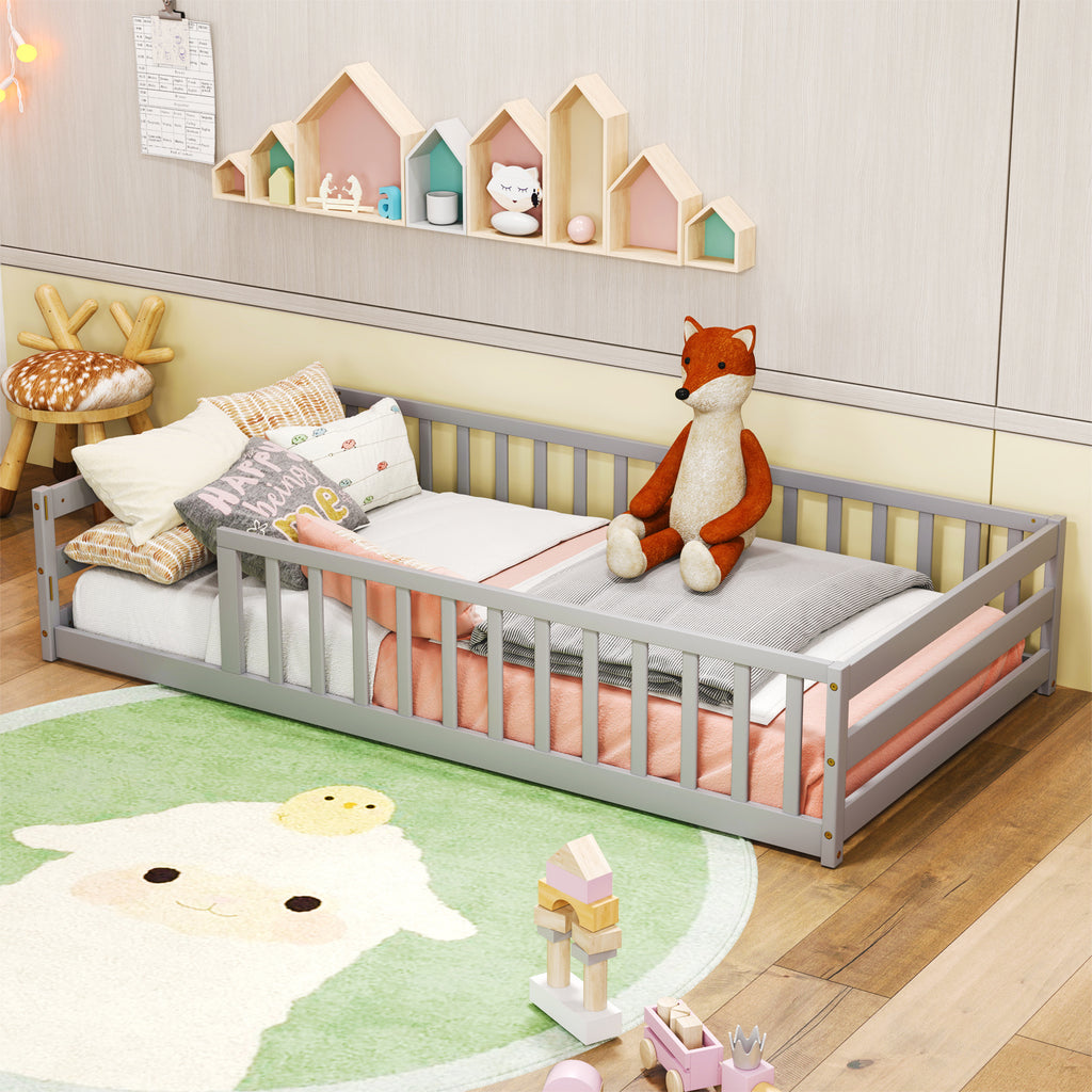 COSTWAY Twin Size Floor Bed with Door & Fence with Safety Guardrails & Slats Support