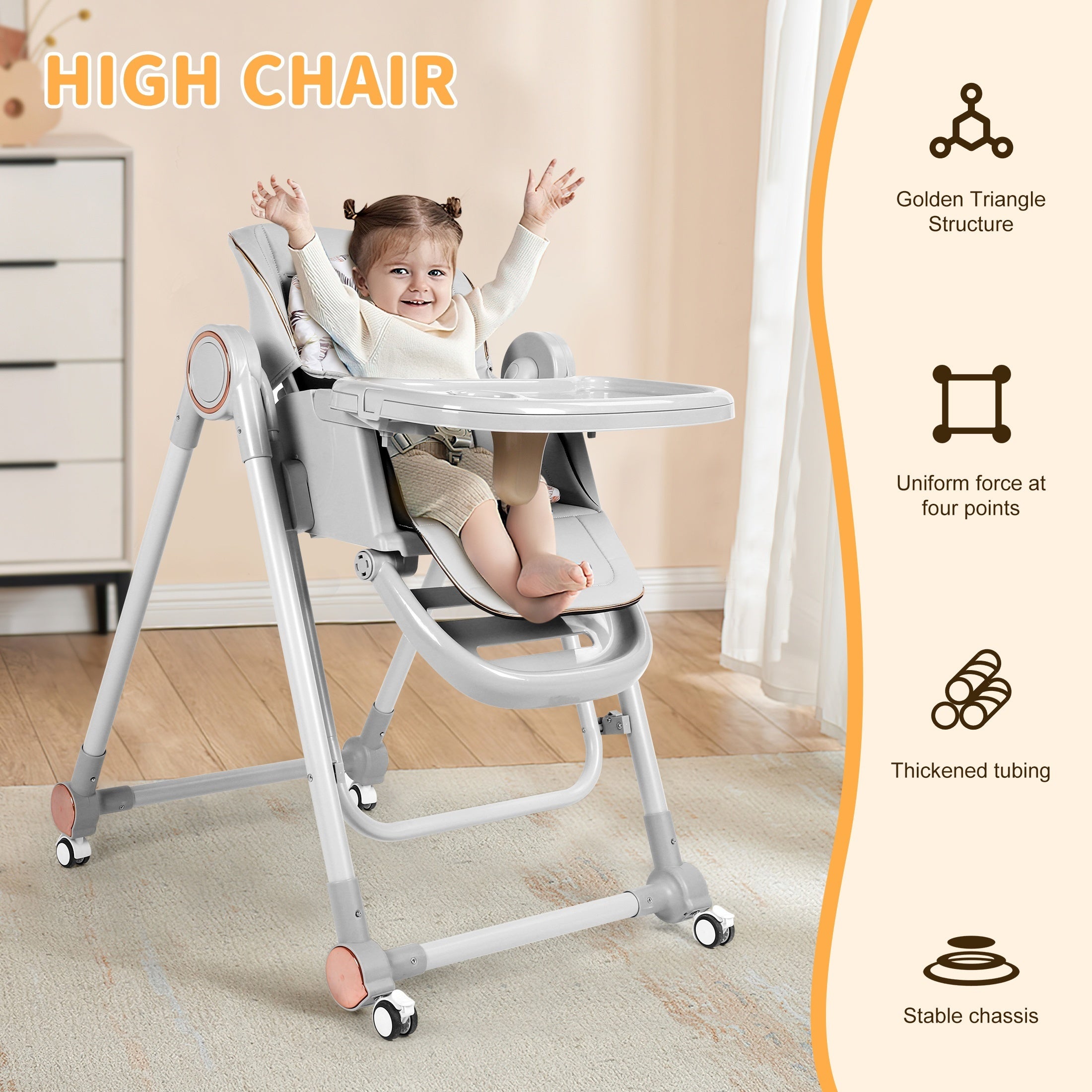 Baby High Chair, 3 Modes High Chair With Wheels, Adjustable Height, Recline & Footrest, With 6 Growing Stages From Infant To Toddler Seating, Lightweight Portable Baby High Chair, Convenient For Dining Time - Grey & Brown