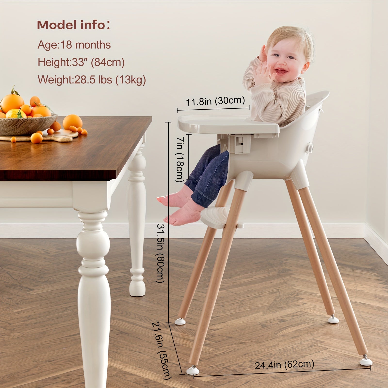 3-in-1 Wooden High Chair for Babies and Toddlers, Convertible Easy Clean Infant Highchair, Silla Modern Design para Comer De Bebe