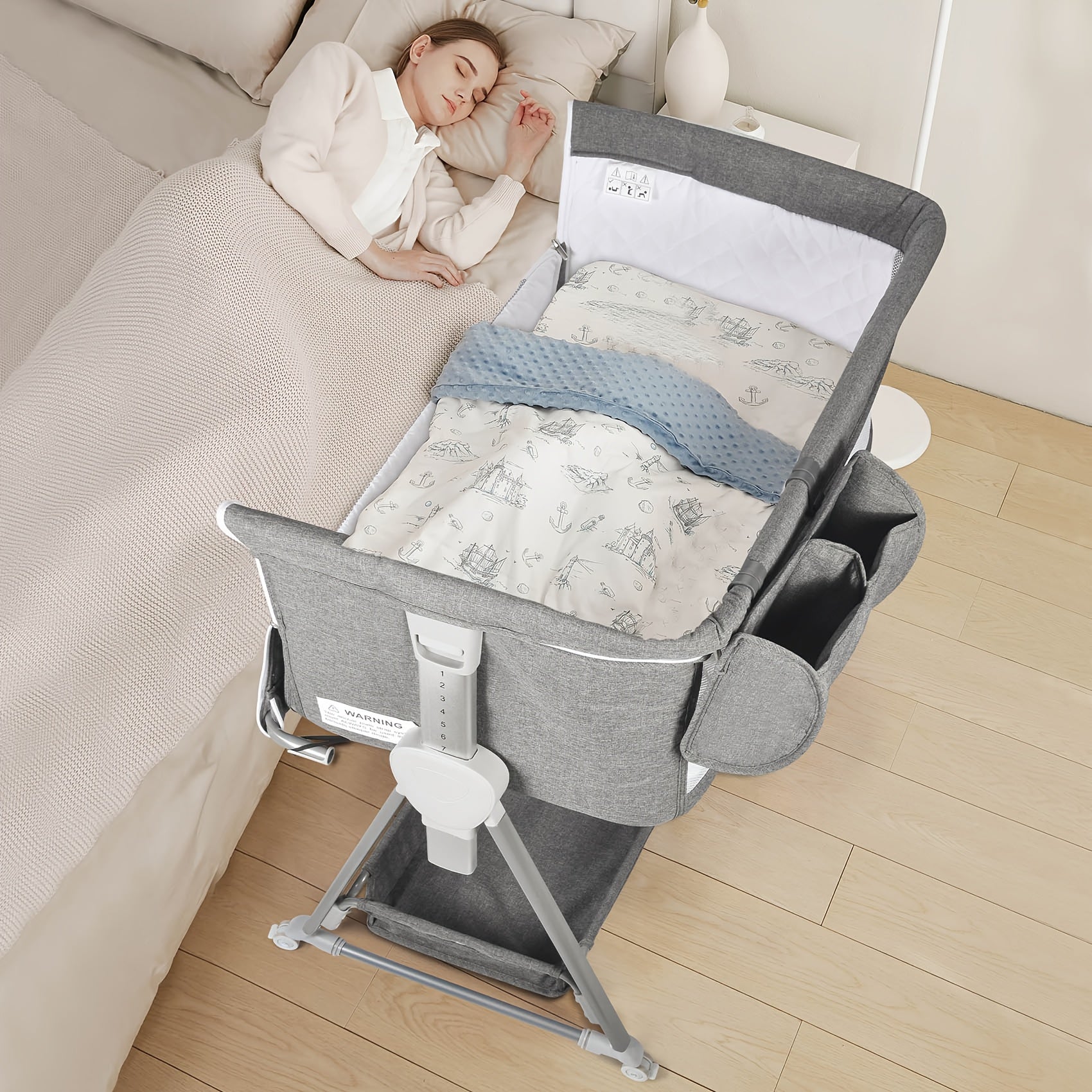 SLENDOR 7-Height Adjustable Bassinet with Wheels & Mattress - Portable Baby Sleeper with Large Storage Bag, Easy Assembly, Durable Fabric for Newborns & Infants, Grey\u002FPink, Infant Comfort Care, Modern Baby Bed, Sturdy Frame Construction
