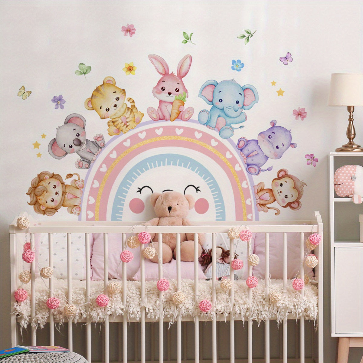 Self-Adhesive Wall Stickers Featuring Cartoon Animals Like a Baby Elephant, Rabbit, Rainbow, Flowers, And Butterflies for Home Decor.