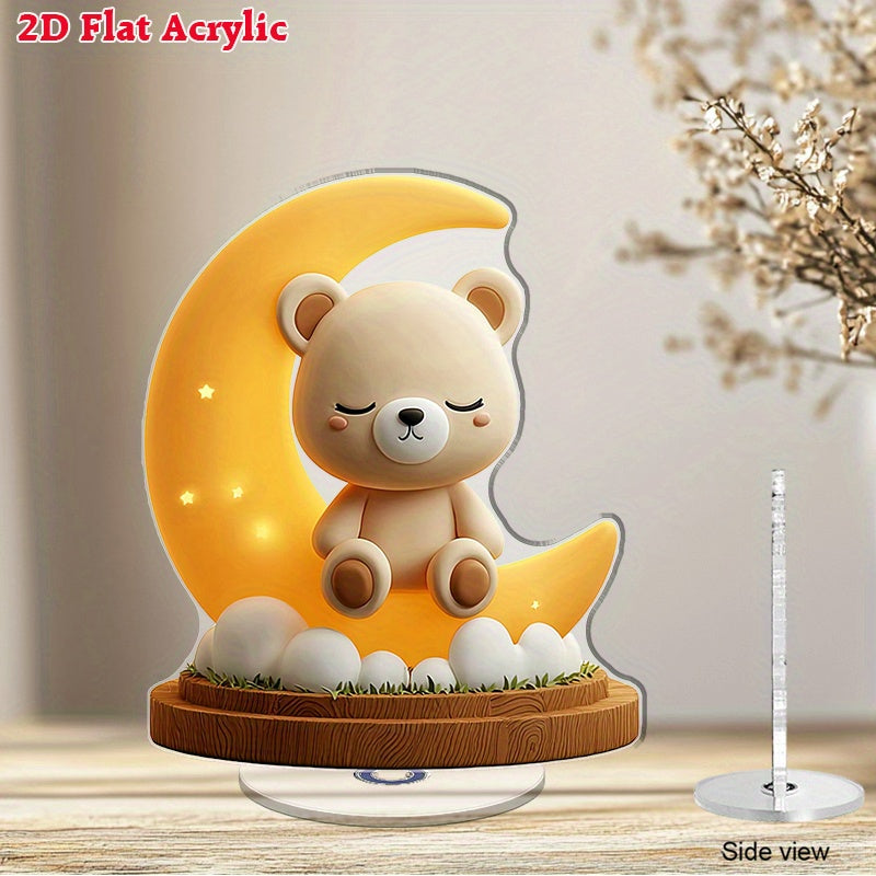 2D Flat, 2D Flat Rotatable Acrylic Bear on Moon Night Light - Cute Cartoon Bear Design with Stars & Clouds, Nursery Nursette Decor, Baby Shower Gift, No Electricity Needed, Bear Nursery Decor, 2D Flat