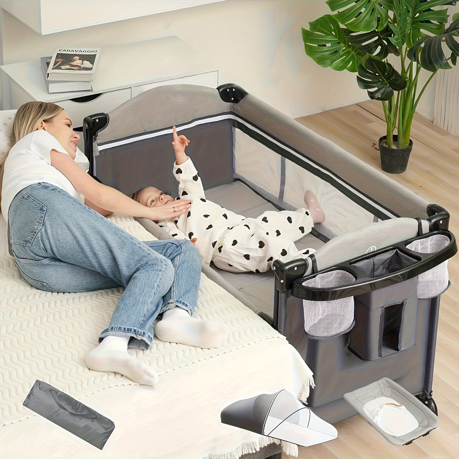 5 In 1 Baby Bassinet Bedside SleeperBeside Bassinet With Diaper ChangerMattress, Bedside Crib With Storage, Foldable Bassinet From Newborn To Toddler (LightGray)