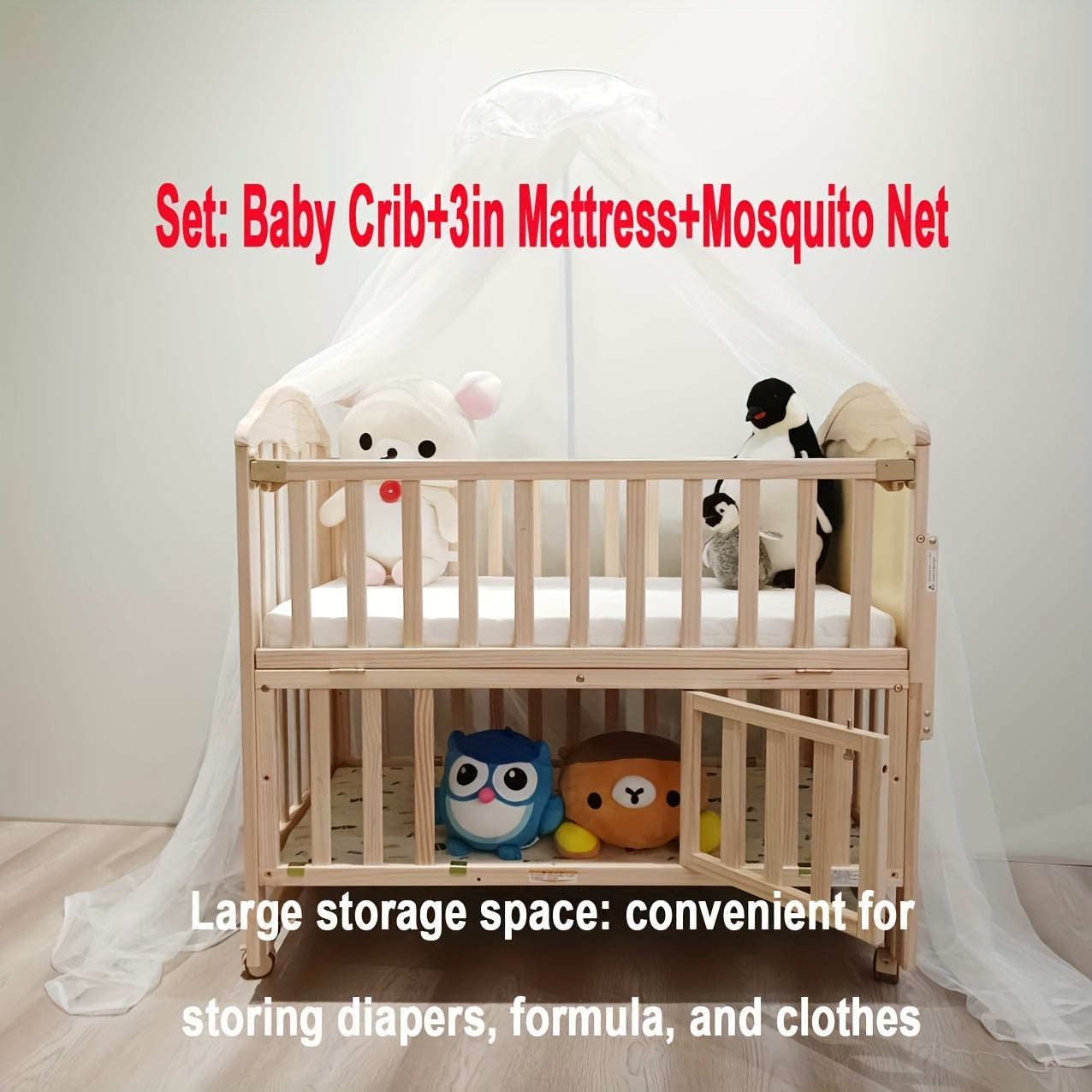 4-in-1 Convertible Kids Bed with 3-Inch Thick Mattress and Canopy Mosquito Net, Adjustable Height Tri-Level Mattress, Rolling Wheels Design, Spacious Under-Bed Storage for Essentials | Multifunctional Wooden Children's Bed