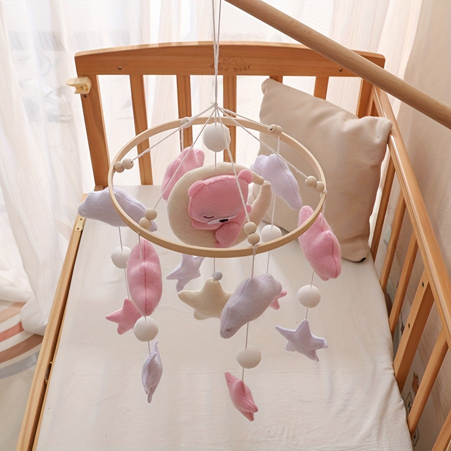 Handmade Felt Mobile Soft Plush Handmade Felt Mobile with Pink Bear & Clouds | White Beads & Stars, Lightweight & Durable Nursery Decor | Ideal for Baby Crib, Stroller, Safe Infant Toy, Playful Design