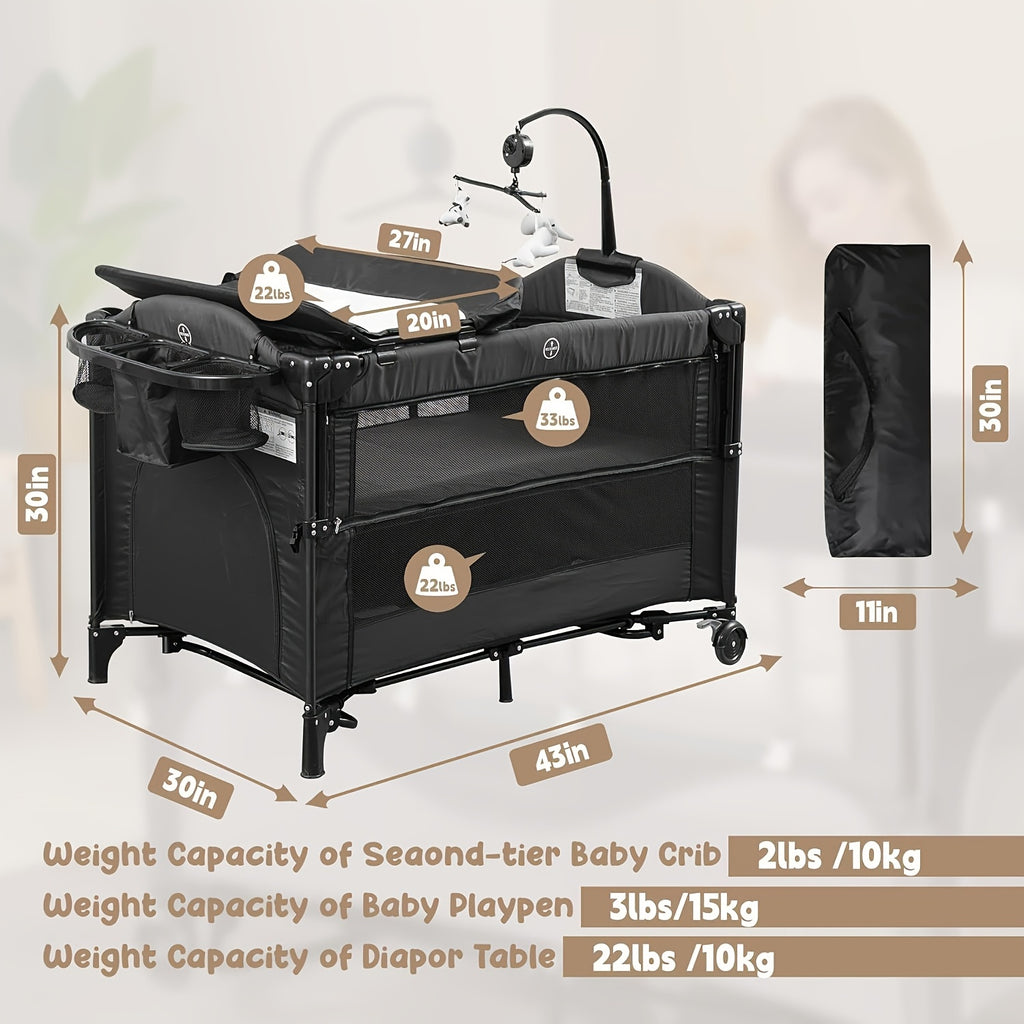 5 in 1 Baby Bassinet Beside Sleeper, Pack and Play Bassinet, Beside Sleeper for Newborn to Toddlers, Multifunction Portable Playard with Bassinet Crib, Soft Toys, Waterproof Sheet, Diaper Changer. As Halloween, Chrismas Gift (Black)