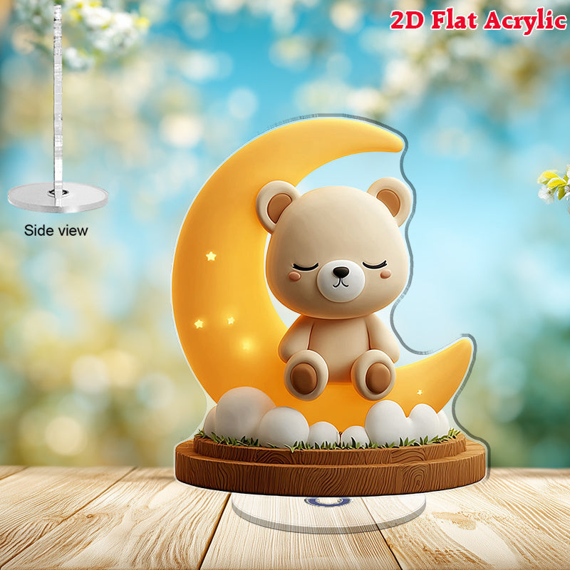 2D Flat, 2D Flat Rotatable Acrylic Bear on Moon Night Light - Cute Cartoon Bear Design with Stars & Clouds, Nursery Nursette Decor, Baby Shower Gift, No Electricity Needed, Bear Nursery Decor, 2D Flat