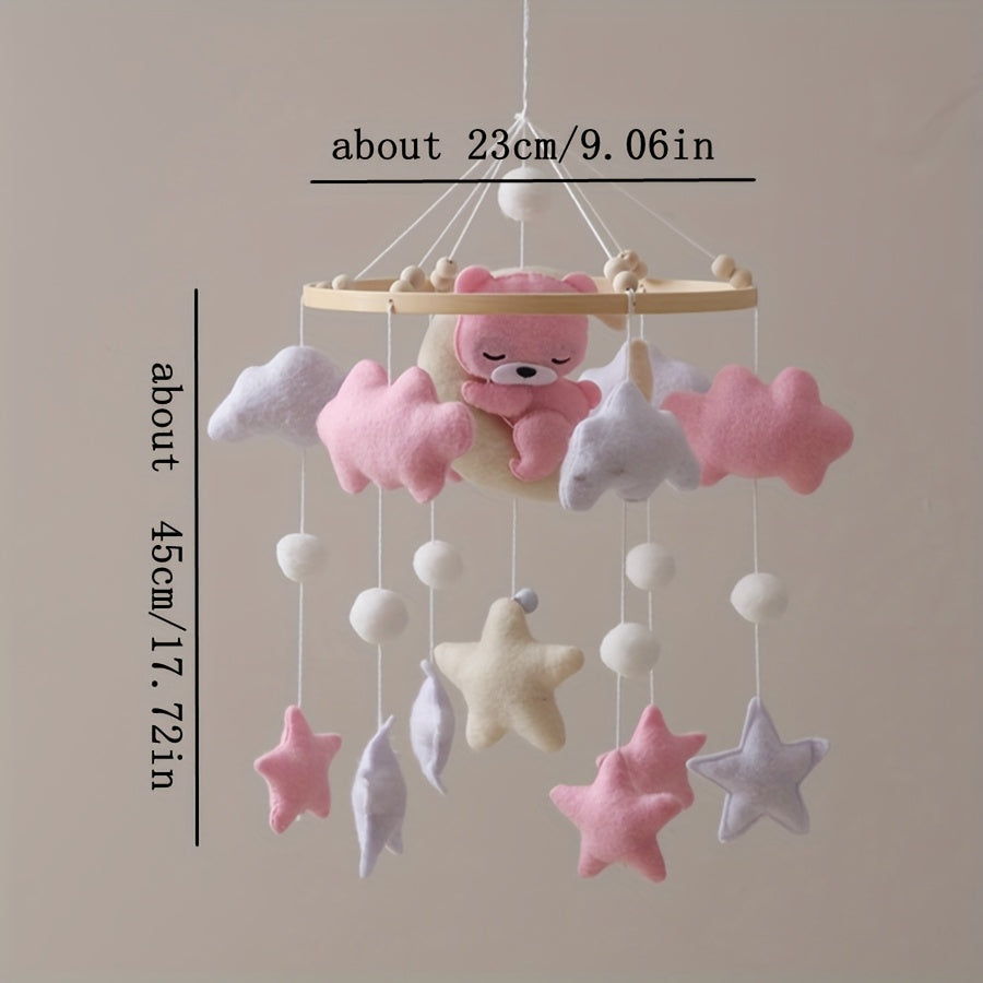 Handmade Felt Mobile Soft Plush Handmade Felt Mobile with Pink Bear & Clouds | White Beads & Stars, Lightweight & Durable Nursery Decor | Ideal for Baby Crib, Stroller, Safe Infant Toy, Playful Design