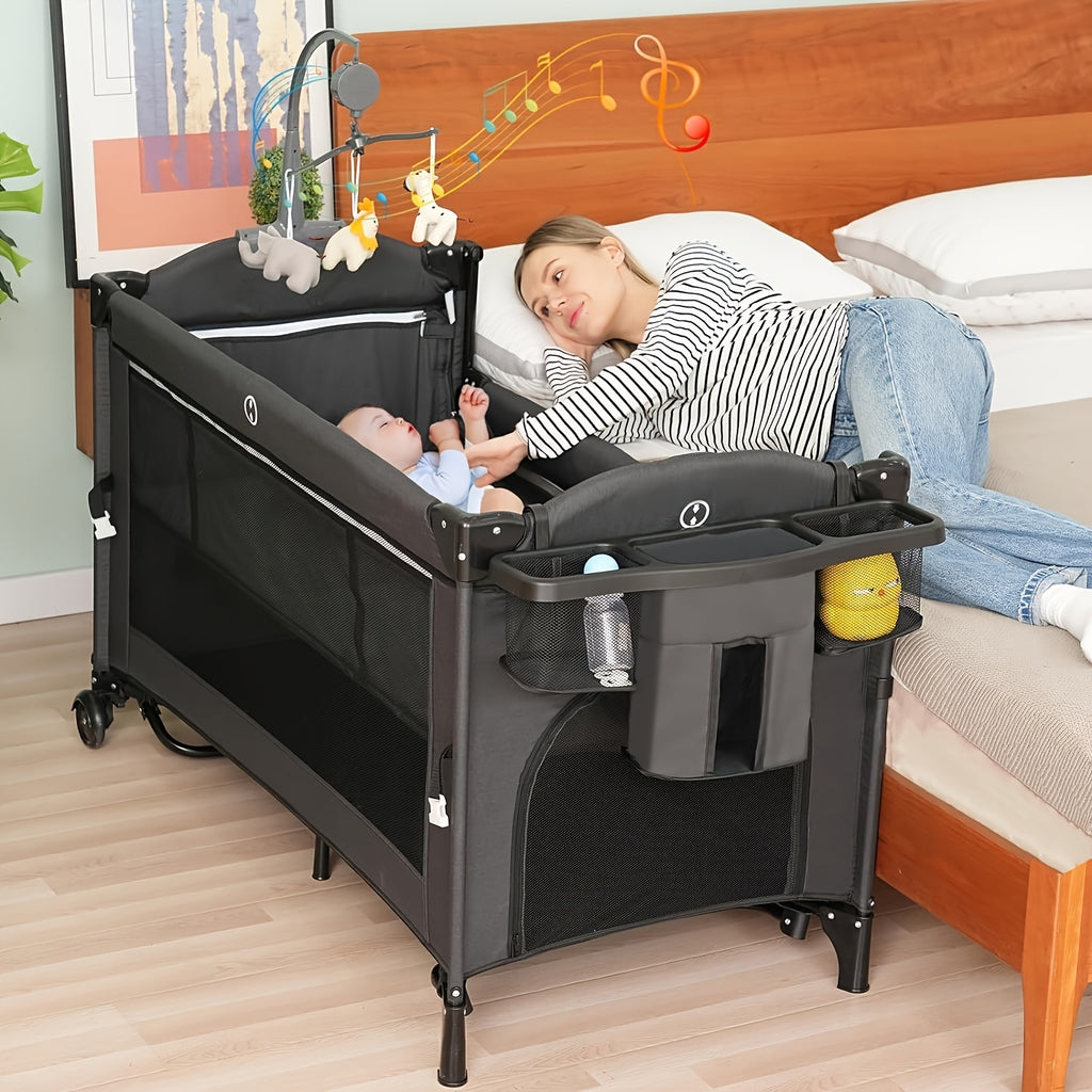 5 in 1 Baby Bassinet Beside Sleeper, Pack and Play Bassinet, Beside Sleeper for Newborn to Toddlers, Multifunction Portable Playard with Bassinet Crib, Soft Toys, Waterproof Sheet, Diaper Changer. As Halloween, Chrismas Gift (Black)