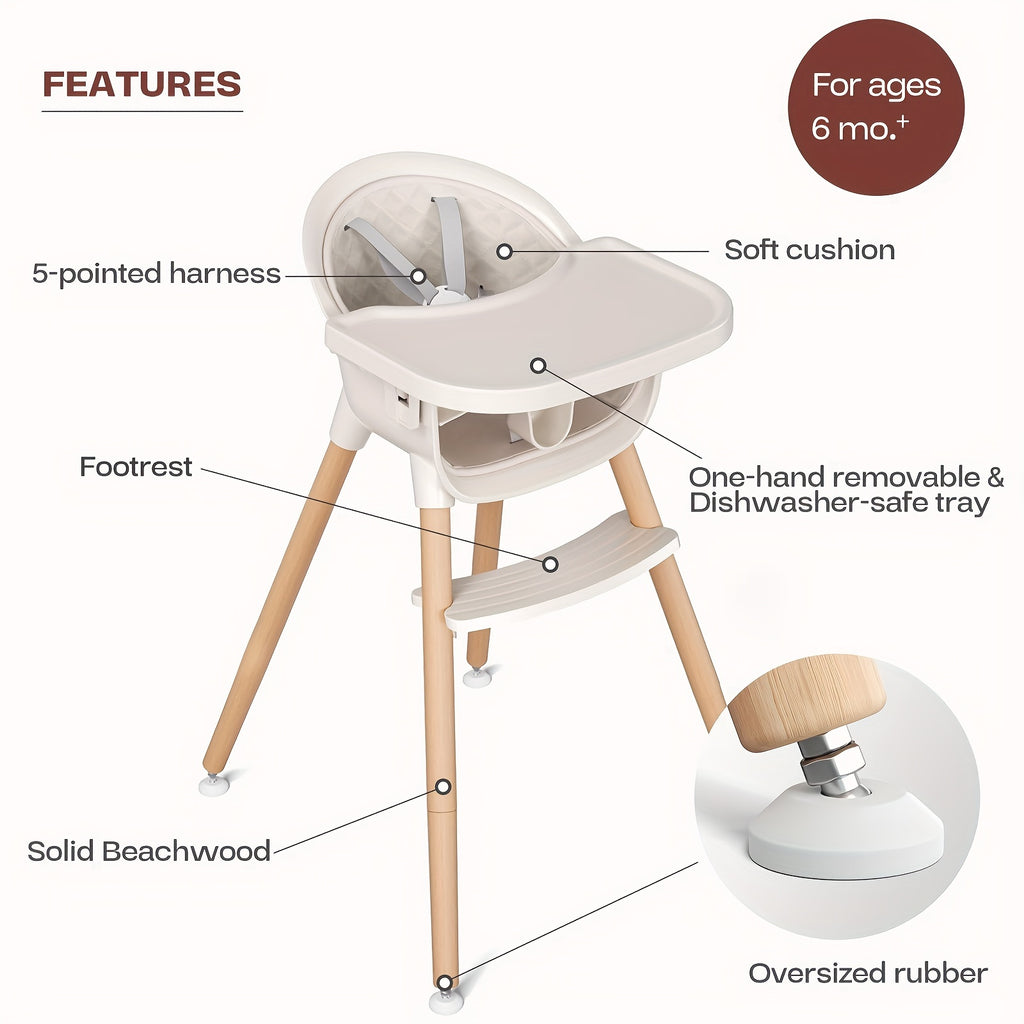 3-in-1 Wooden High Chair for Babies and Toddlers, Convertible Easy Clean Infant Highchair, Silla Modern Design para Comer De Bebe