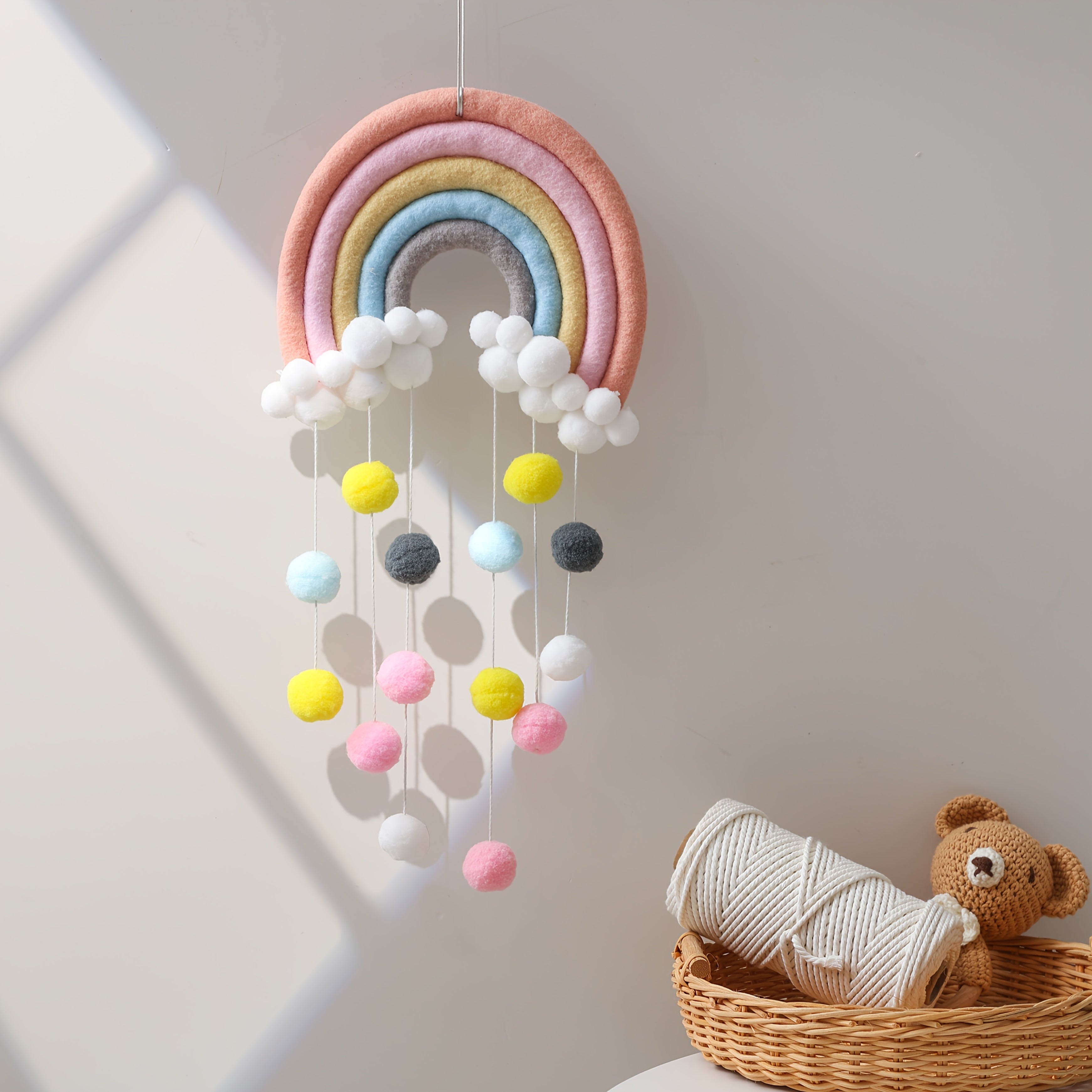 Nordic Style Hanging Decor: Soft Rainbow Pom Poms & Playful Clouds - Ideal Festive Gift, Teacher's Classroom, Baby Nursery & Kids Room Wall Decoration