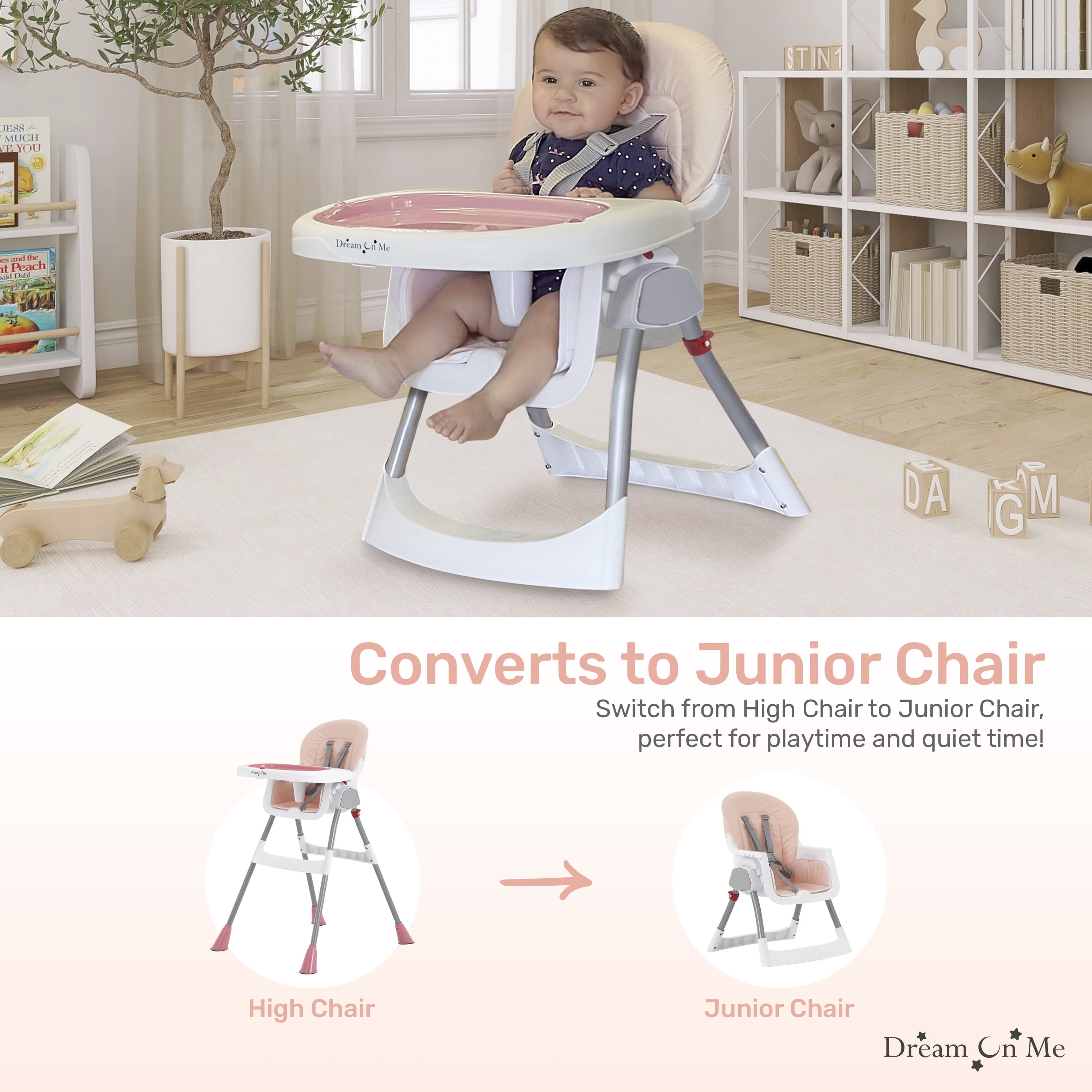 Portable 2in1 Table Talk Baby High Chair, Convertible, Compact and Light Weight, Pink