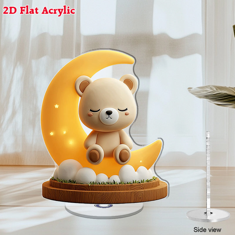 2D Flat, 2D Flat Rotatable Acrylic Bear on Moon Night Light - Cute Cartoon Bear Design with Stars & Clouds, Nursery Nursette Decor, Baby Shower Gift, No Electricity Needed, Bear Nursery Decor, 2D Flat