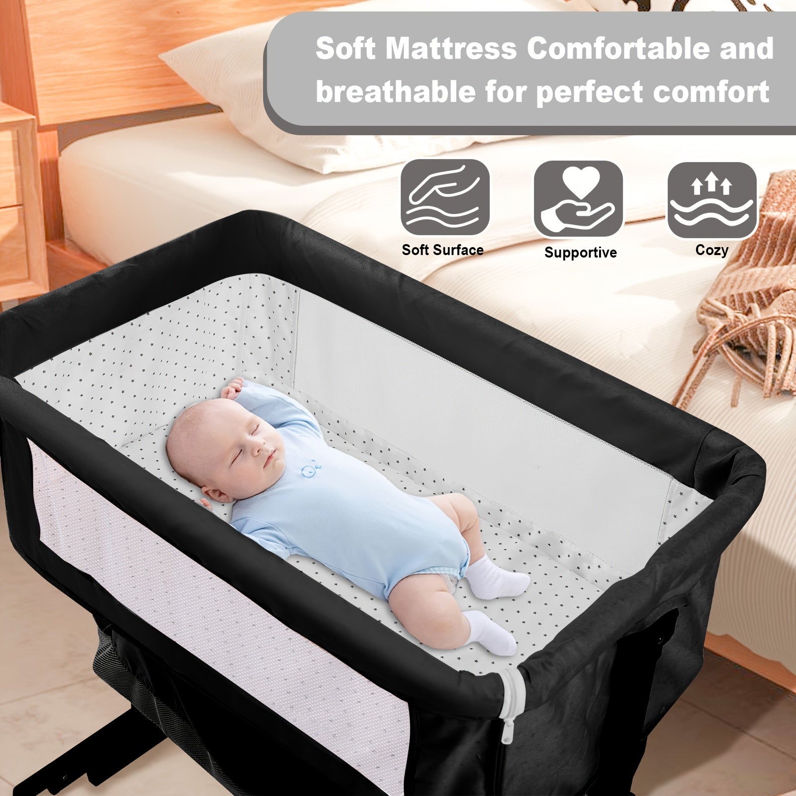 Newborn Necessities, Baby Shower Gifts, 3-in-1 Baby Bassinet Bedside Bed, Baby Headboard Bassinet with Wheels And Storage Basket, Full Mesh And Adjustable Height Headboard Crib Essential Items for Newborns 0-6 Months