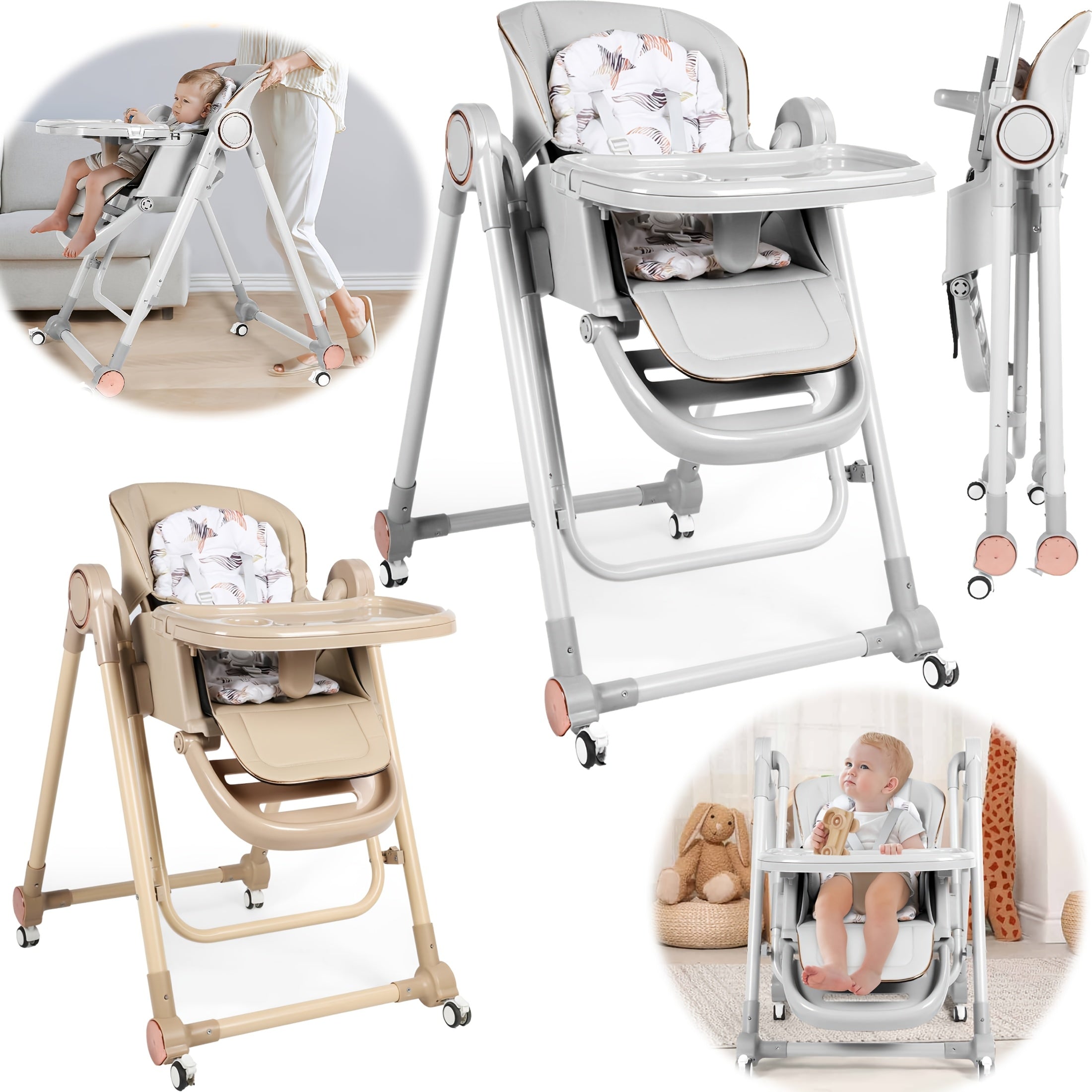Baby High Chair, 3 Modes High Chair With Wheels, Adjustable Height, Recline & Footrest, With 6 Growing Stages From Infant To Toddler Seating, Lightweight Portable Baby High Chair, Convenient For Dining Time - Grey & Brown