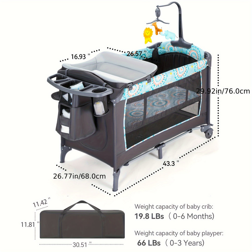 The 5-In-1 Portable Bassinet And Side Bed Features a Detachable Changing Table, Mattress, Storage Shelf, Music Player, And Three Height Settings, Providing a Spacious Playpen for Your Baby. Makes a Great Birthday Or Holiday Gift.