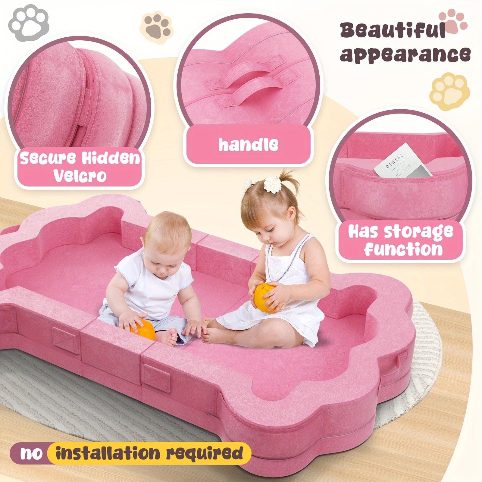 Kids Travel Bed with Paw Print Design - Lightweight Foam, No Assembly Needed, 55.5x28 Inch, Pink, Perfect for Indoor & Outdoor Use, Ages 1-5 Years, Indoor Play Area, Playful Paw Print, Easy Assembly Bed