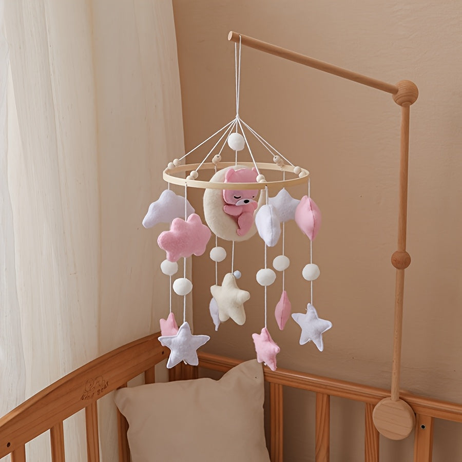 Handmade Felt Mobile Soft Plush Handmade Felt Mobile with Pink Bear & Clouds | White Beads & Stars, Lightweight & Durable Nursery Decor | Ideal for Baby Crib, Stroller, Safe Infant Toy, Playful Design