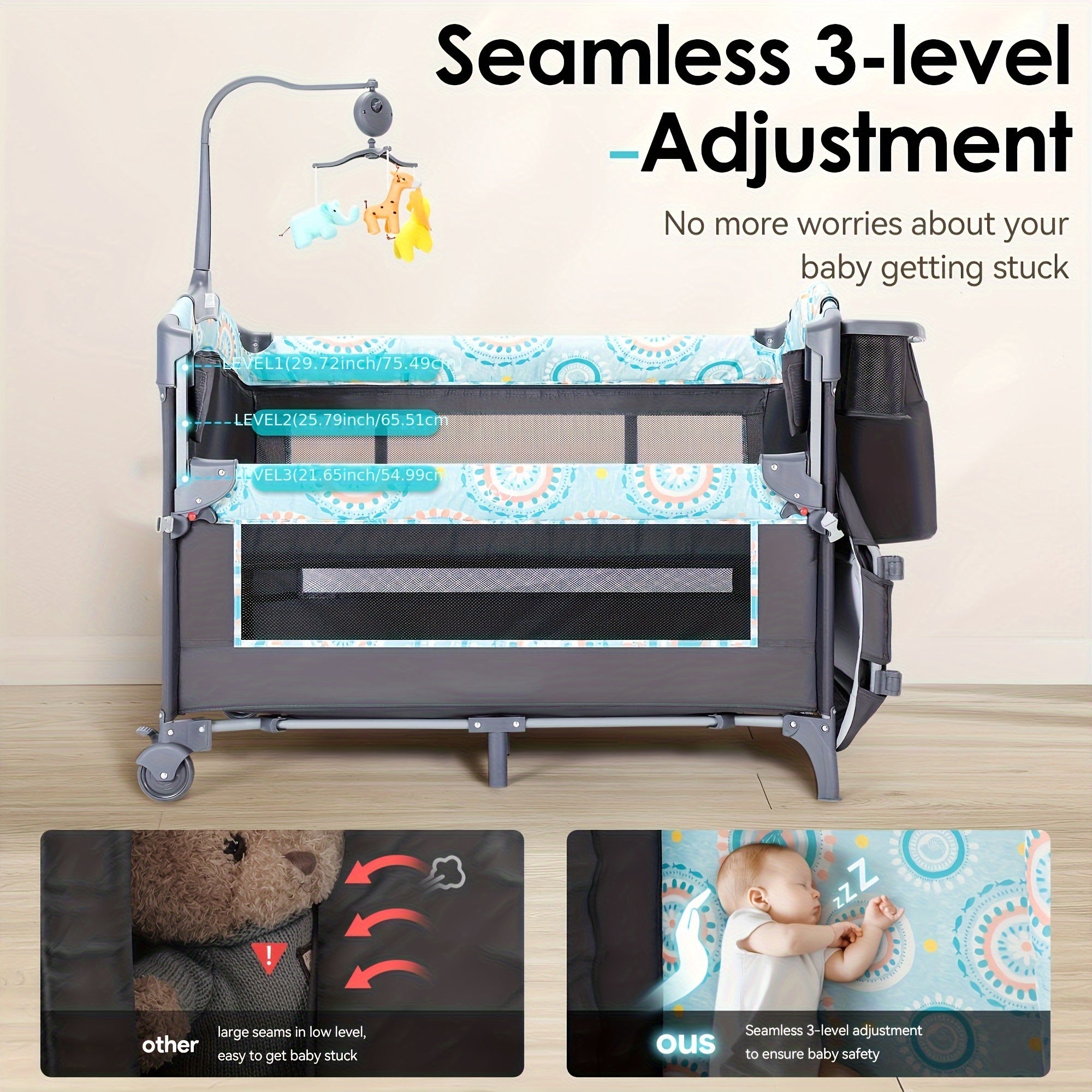 The 5-In-1 Portable Bassinet And Side Bed Features a Detachable Changing Table, Mattress, Storage Shelf, Music Player, And Three Height Settings, Providing a Spacious Playpen for Your Baby. Makes a Great Birthday Or Holiday Gift.