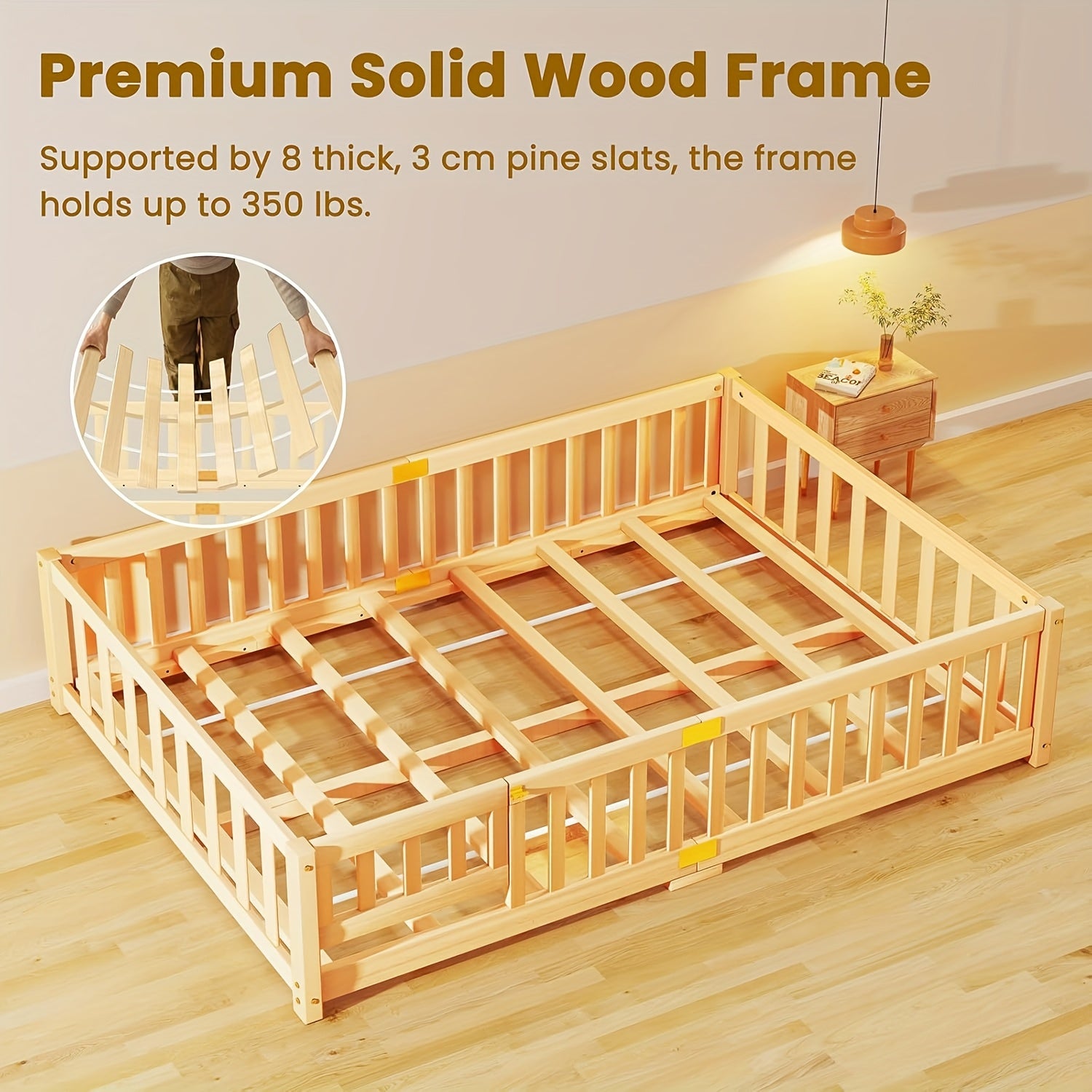 MOPHOTO Montessori Toddler Floor Bed With Safety Rails & Lockable Door - Full Size Kids Bed Frame For 1-3 Years Old, Natural Wood Child Bed For Safe Sleep & Independence Without Mattress