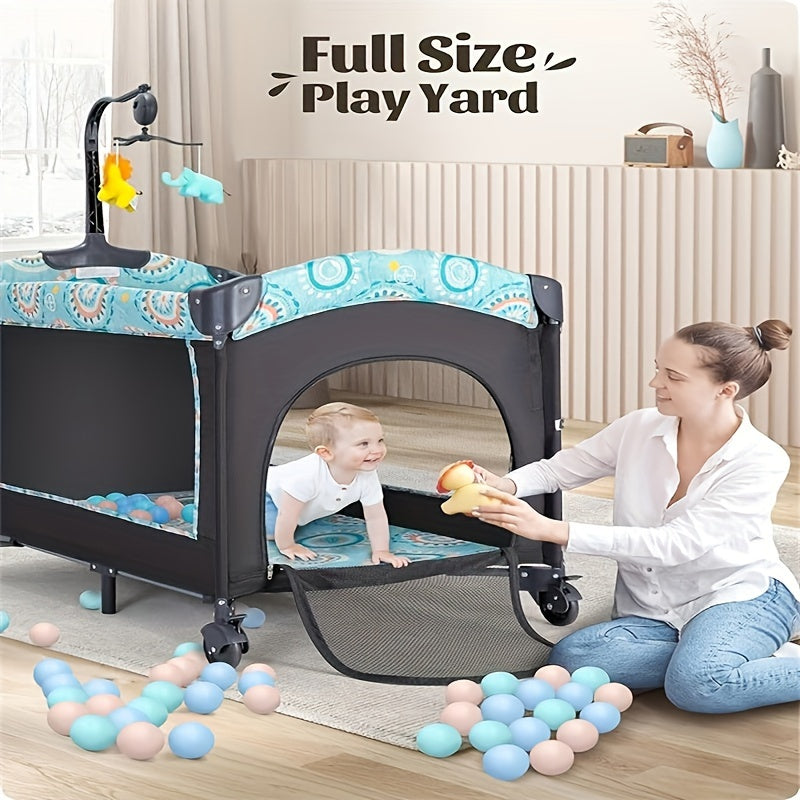 Modern Baby Crib Modern Blue CZ-BB01 Baby Crib with Detachable Changing Table | Pack & Play Portable Playard, 3 Adjustable Heights, Storage Basket & Music, Foldable Nursery Bed for Newborns