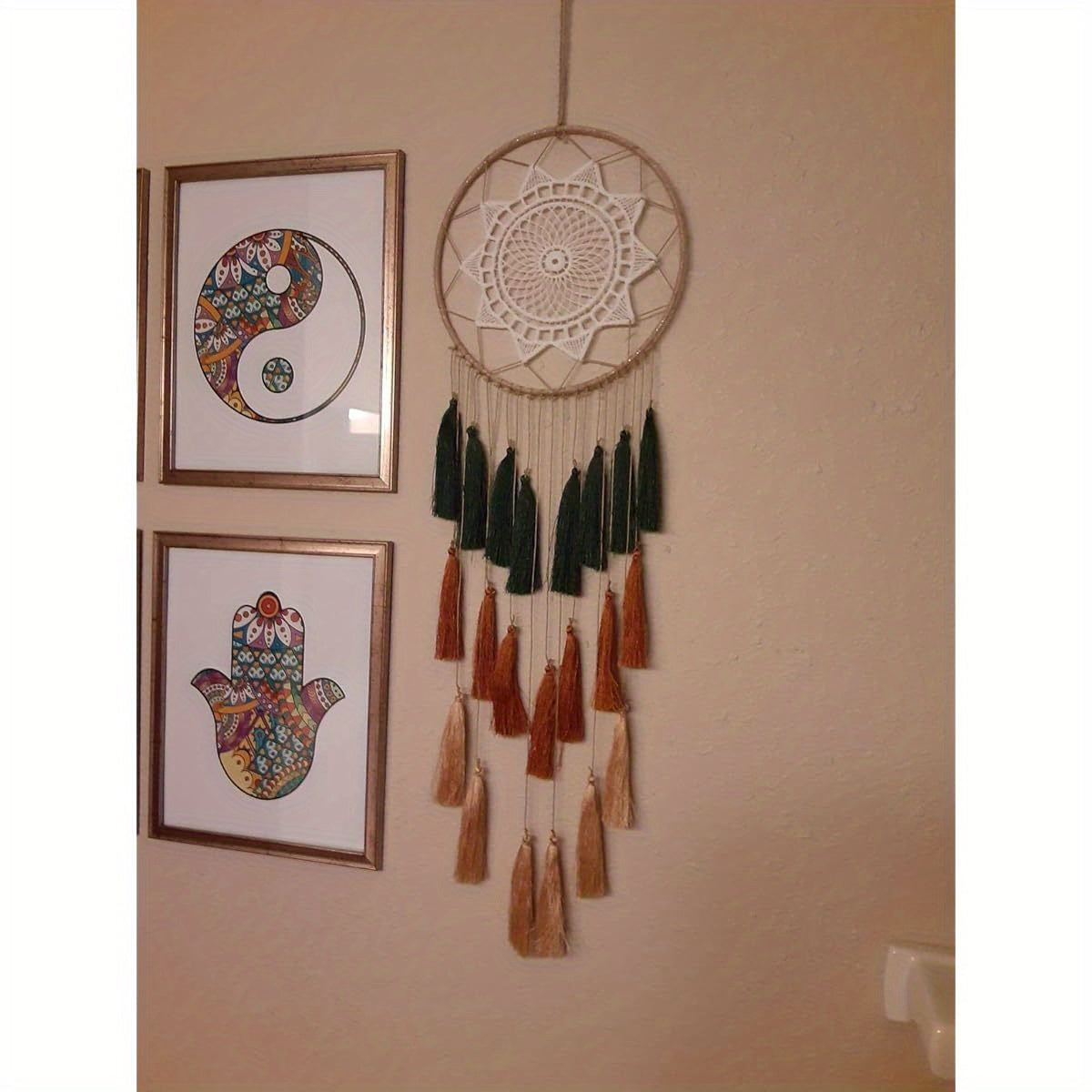 Boho Modern Crystal Dream Catcher Wind Chime - Golden Green Orange Feather-Free Design for Teens Girls Bedroom, Boys Room, Baby Shower & Toddler Crib Decor, Easter Home Decoration