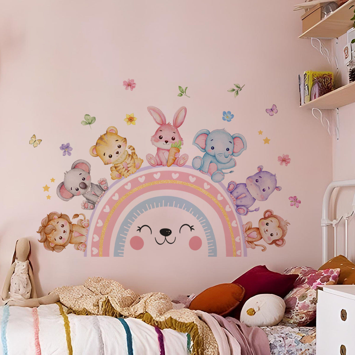 Self-Adhesive Wall Stickers Featuring Cartoon Animals Like a Baby Elephant, Rabbit, Rainbow, Flowers, And Butterflies for Home Decor.