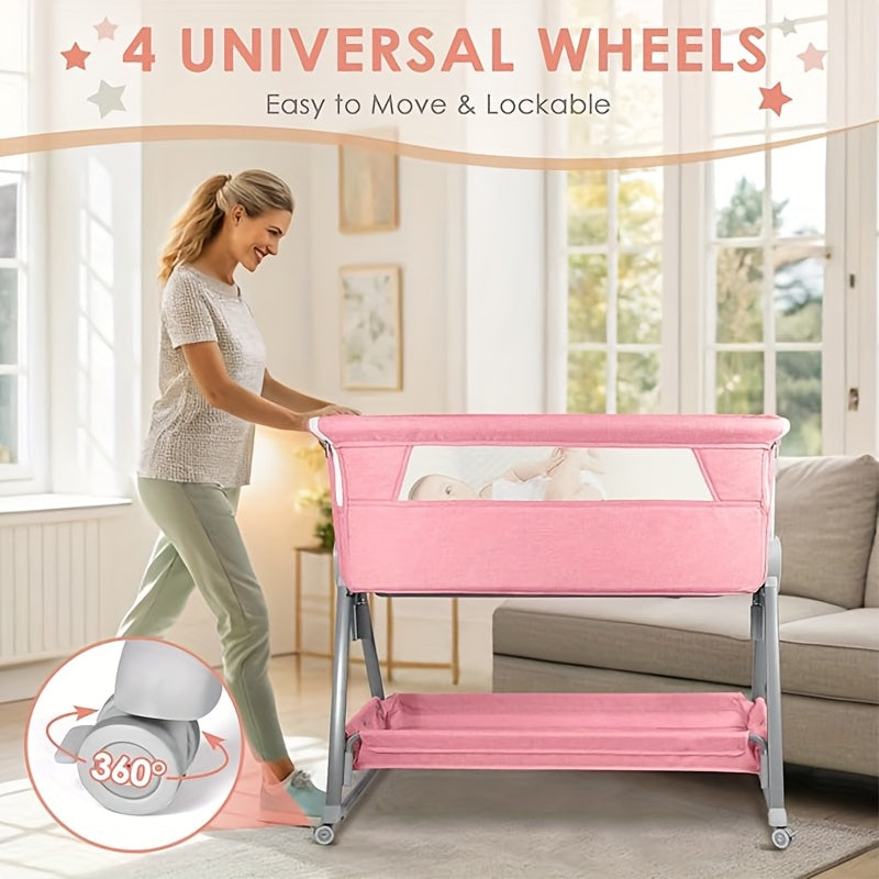 SLENDOR 7-Height Adjustable Bassinet with Wheels & Mattress - Portable Baby Sleeper with Large Storage Bag, Easy Assembly, Durable Fabric for Newborns & Infants, Grey\u002FPink, Infant Comfort Care, Modern Baby Bed, Sturdy Frame Construction