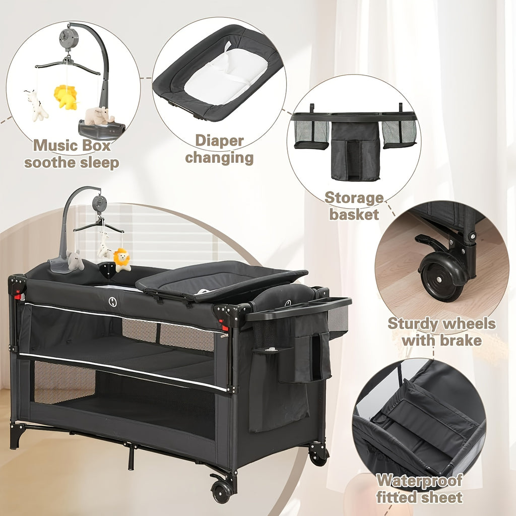 5 in 1 Baby Bassinet Beside Sleeper, Pack and Play Bassinet, Beside Sleeper for Newborn to Toddlers, Multifunction Portable Playard with Bassinet Crib, Soft Toys, Waterproof Sheet, Diaper Changer. As Halloween, Chrismas Gift (Black)