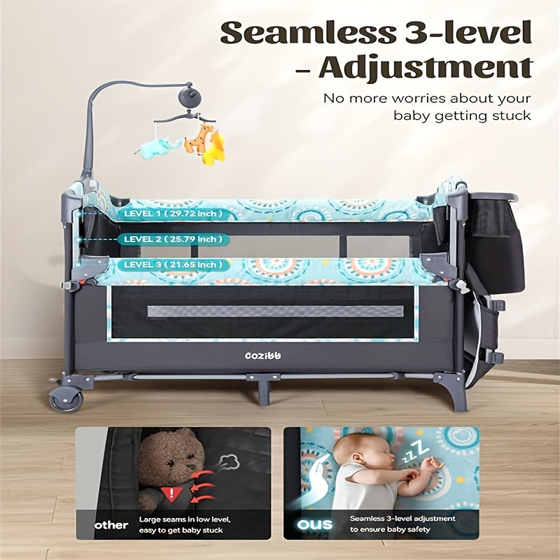 Modern Baby Crib Modern Blue CZ-BB01 Baby Crib with Detachable Changing Table | Pack & Play Portable Playard, 3 Adjustable Heights, Storage Basket & Music, Foldable Nursery Bed for Newborns